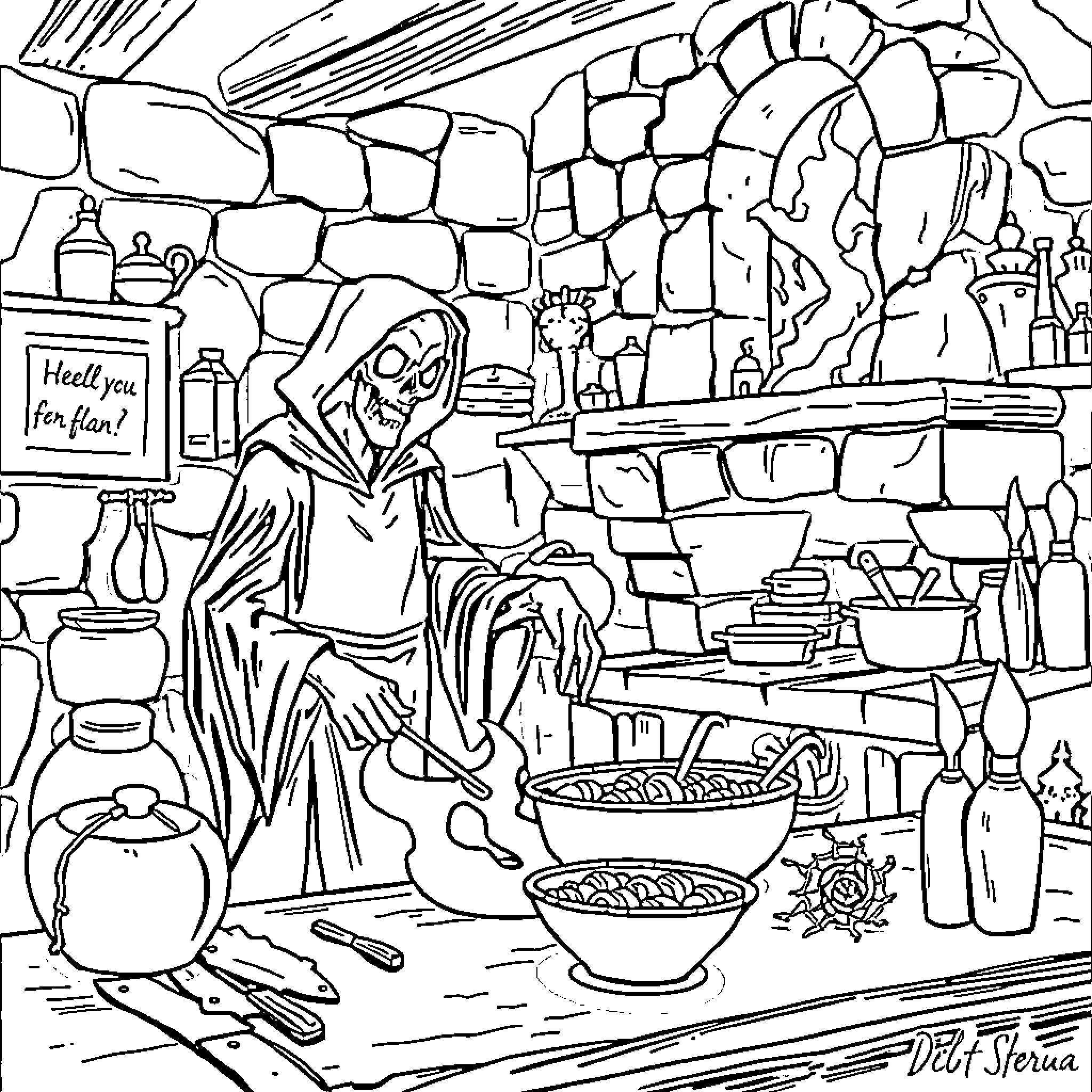 Vampire Potion Master Brewing Elixirs in Shadowy Lair Coloring Page (free black-and-white line drawing printable PDF for all, from beginners to advanced learners, including children, teens, adults, and seniors)