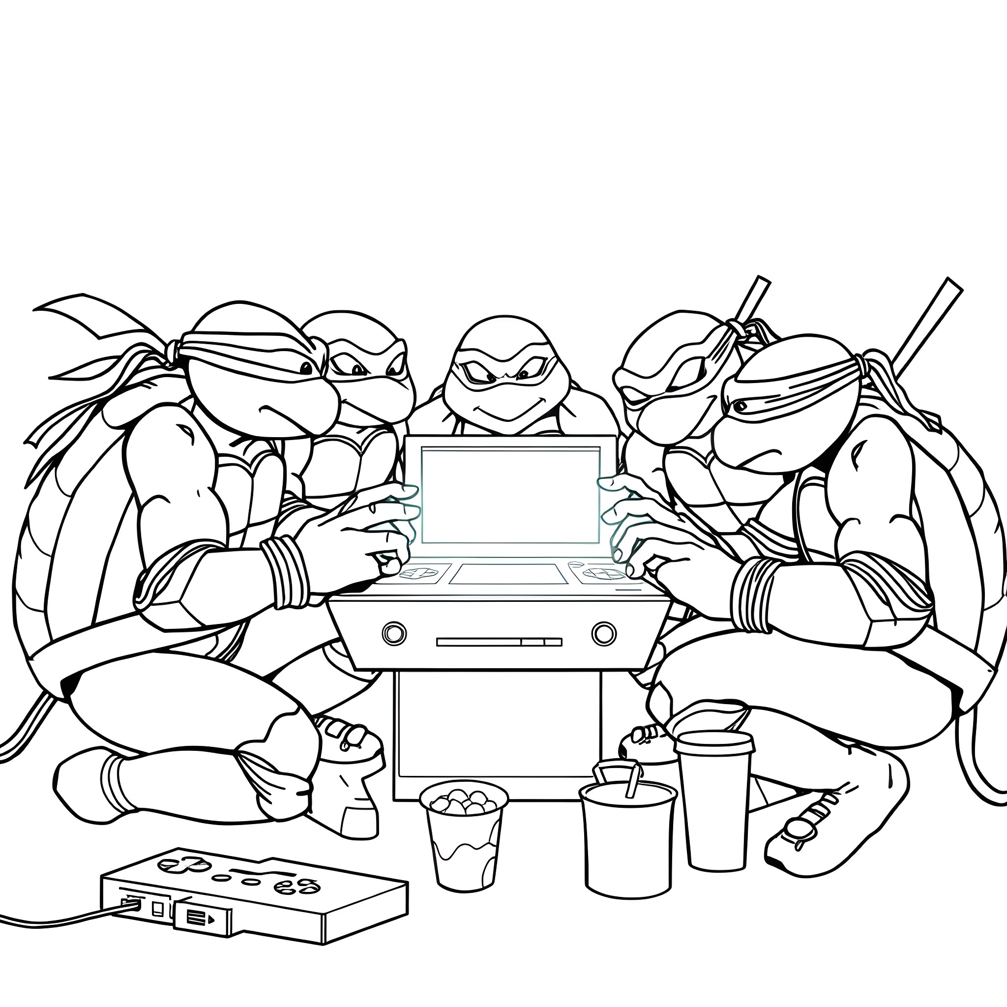 Ninja Turtles gaming together with electronics Coloring Page (free black-and-white line drawing printable PDF for all, from beginners to advanced learners, including children, teens, adults, and seniors)