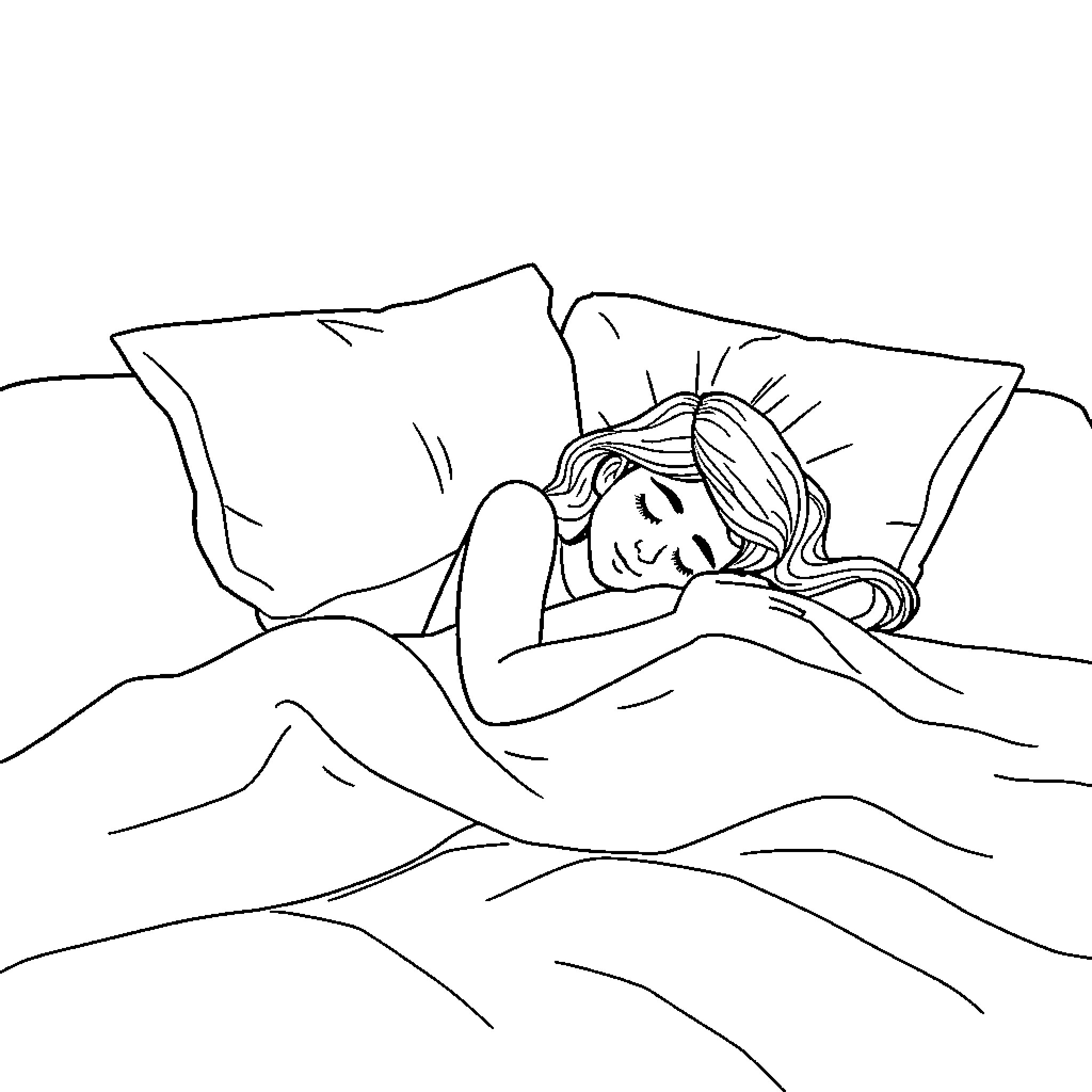 Mommy resting peacefully in cozy bedding Coloring Page (free black-and-white line drawing printable PDF for all, from beginners to advanced learners, including children, teens, adults, and seniors)