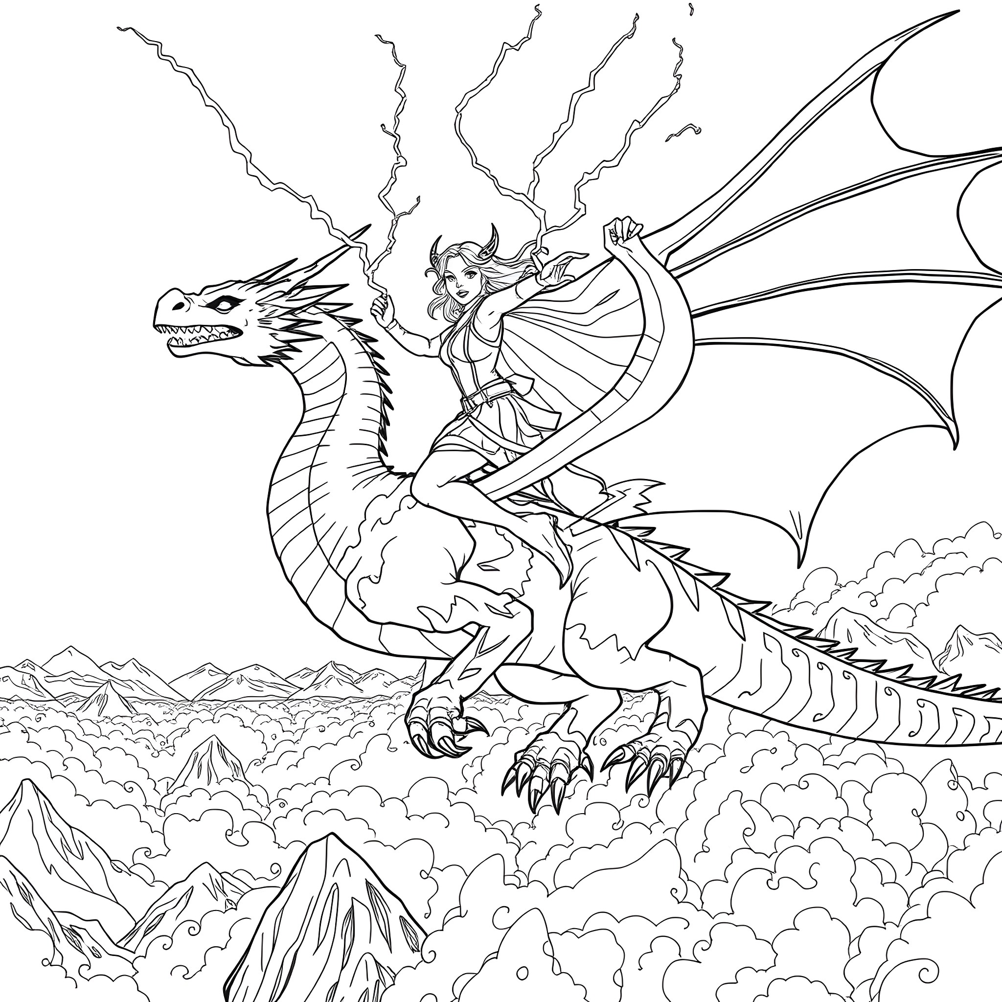 Violet Sorengail riding a majestic dragon in the sky Coloring Page (free black-and-white line drawing printable PDF for all, from beginners to advanced learners, including children, teens, adults, and seniors)