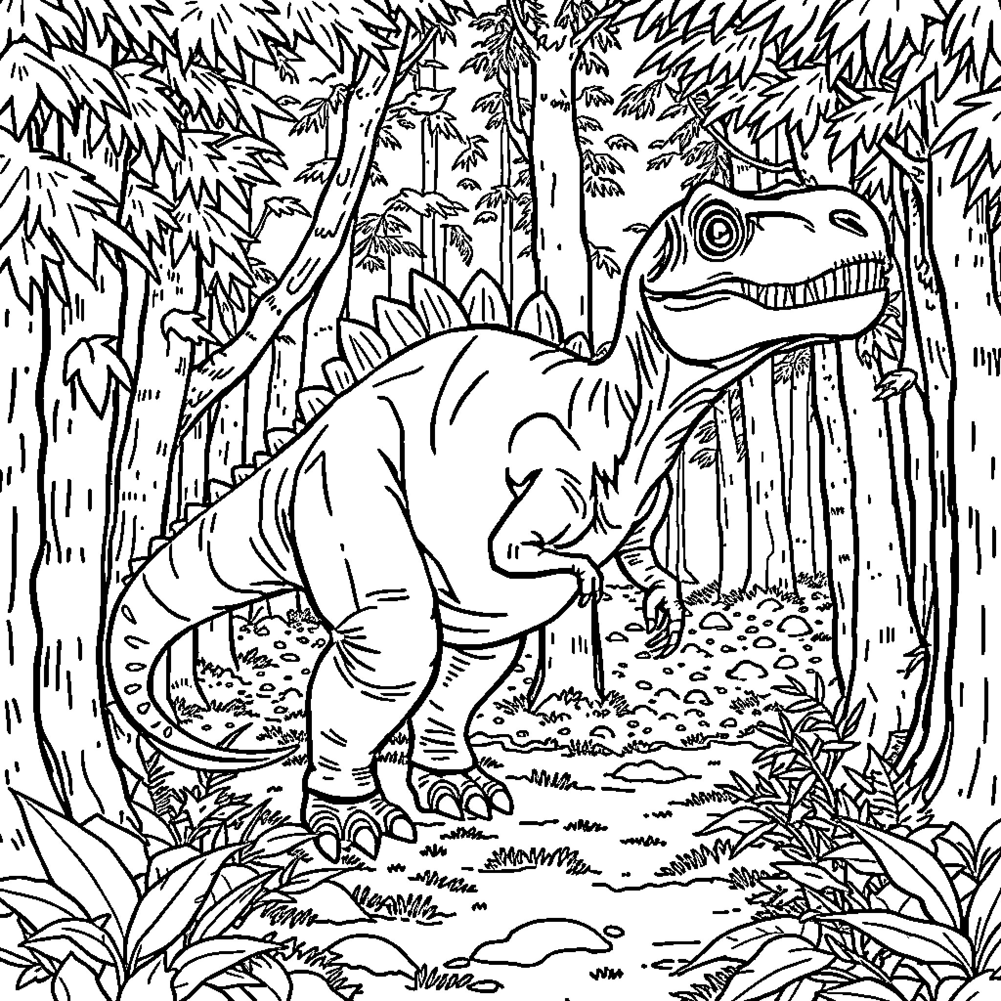 Dinosaur exploring the lush jungle landscape Coloring Page (free black-and-white line drawing printable PDF for all, from beginners to advanced learners, including children, teens, adults, and seniors)