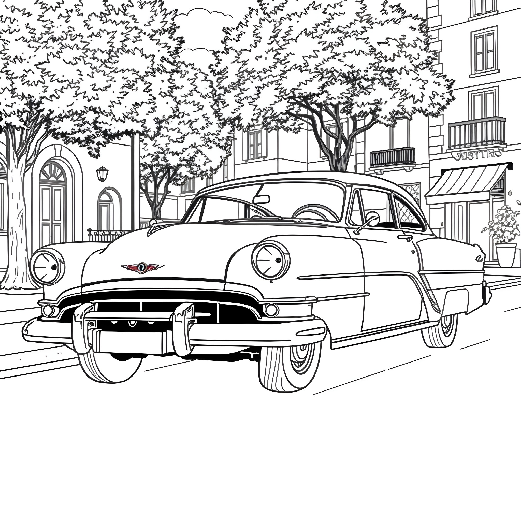Car parked on a city street with trees Coloring Page (free black-and-white line drawing printable PDF for all, from beginners to advanced learners, including children, teens, adults, and seniors)