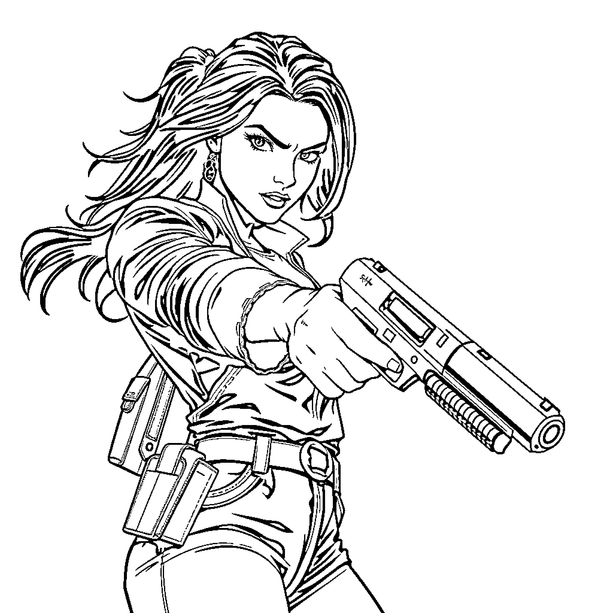 Guerrera Wielding Futuristic Weaponry Coloring Page (free black-and-white line drawing printable PDF for all, from beginners to advanced learners, including children, teens, adults, and seniors)