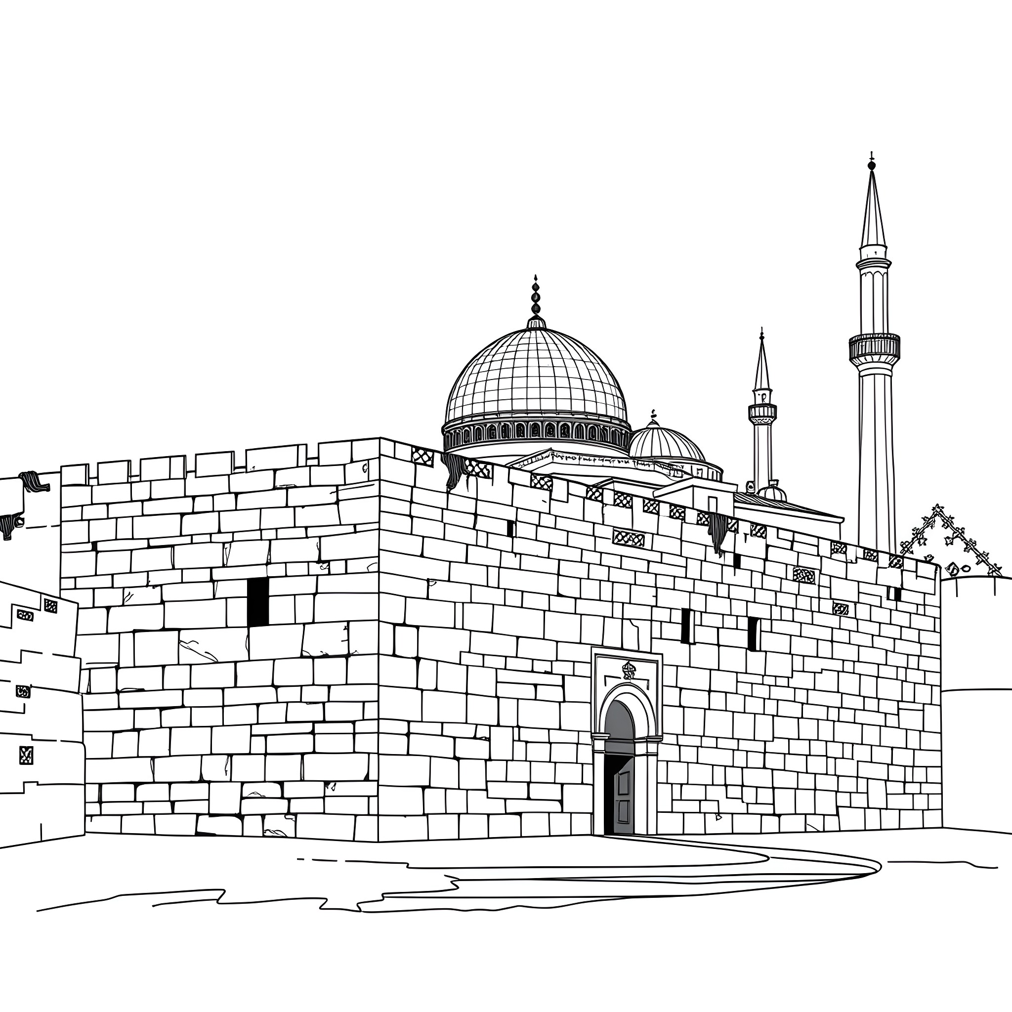 Wall with Islamic Architecture and Domes Coloring Page (free black-and-white line drawing printable PDF for all, from beginners to advanced learners, including children, teens, adults, and seniors)