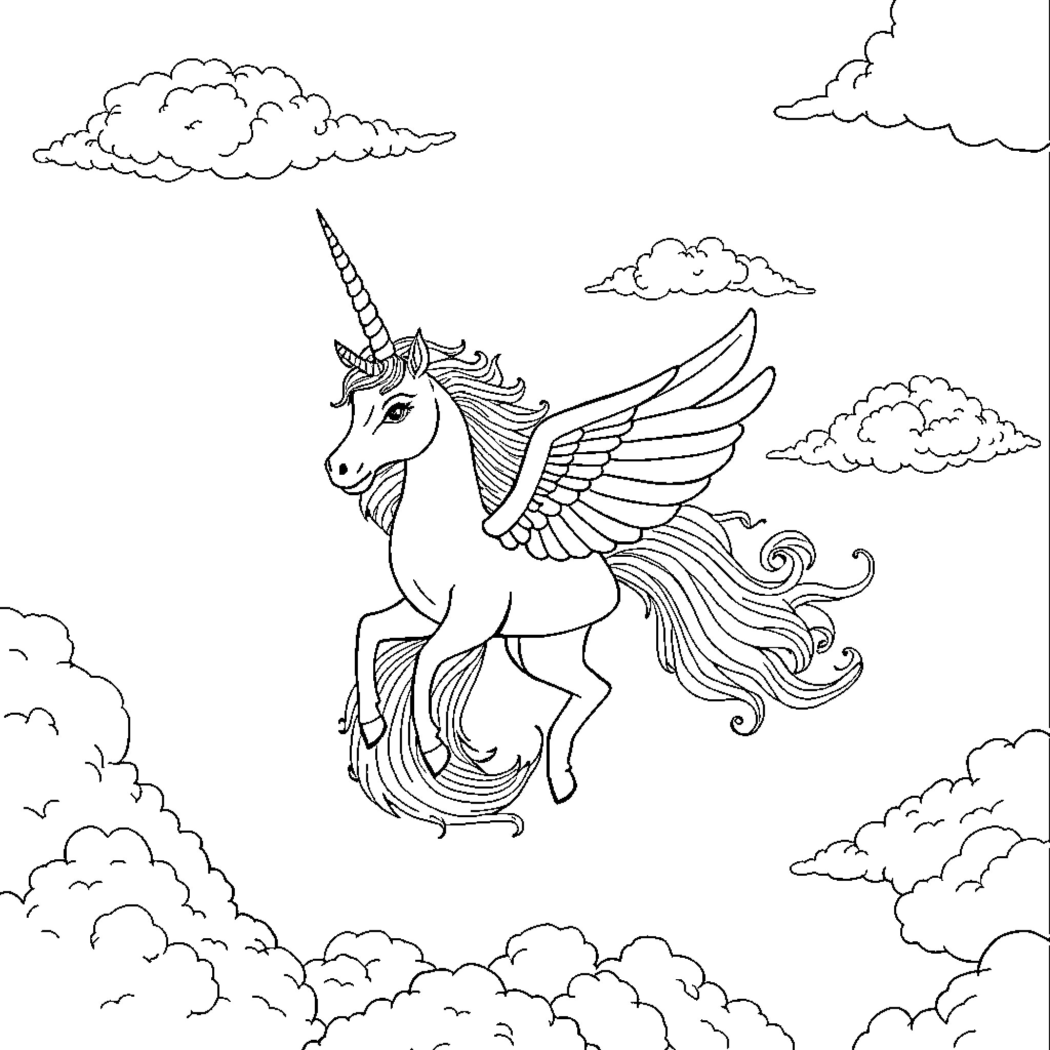 Unicorn soaring through whimsical clouds Coloring Page (free black-and-white line drawing printable PDF for all, from beginners to advanced learners, including children, teens, adults, and seniors)