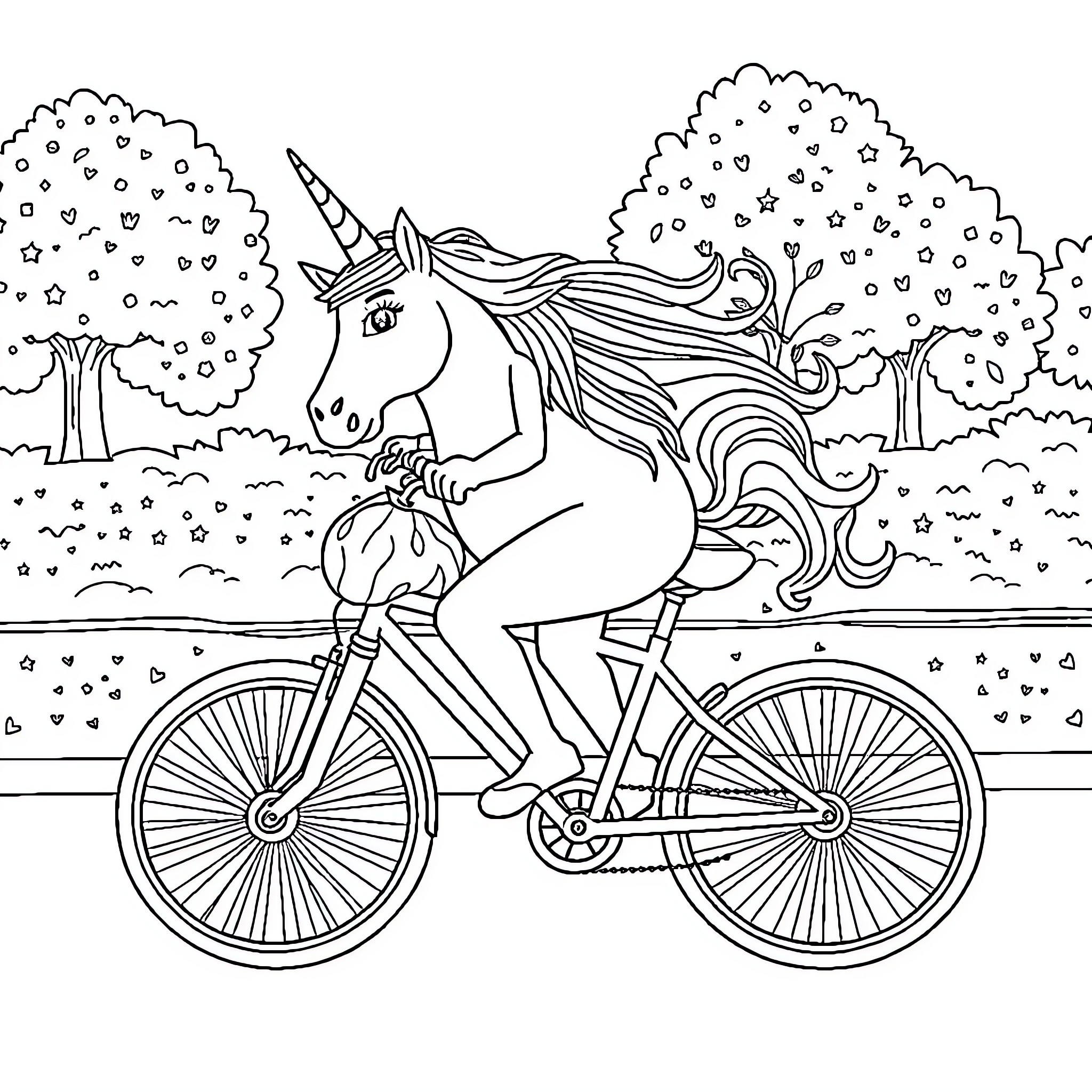 Unicorn riding a bicycle in a magical forest Coloring Page (free black-and-white line drawing printable PDF for all, from beginners to advanced learners, including children, teens, adults, and seniors)