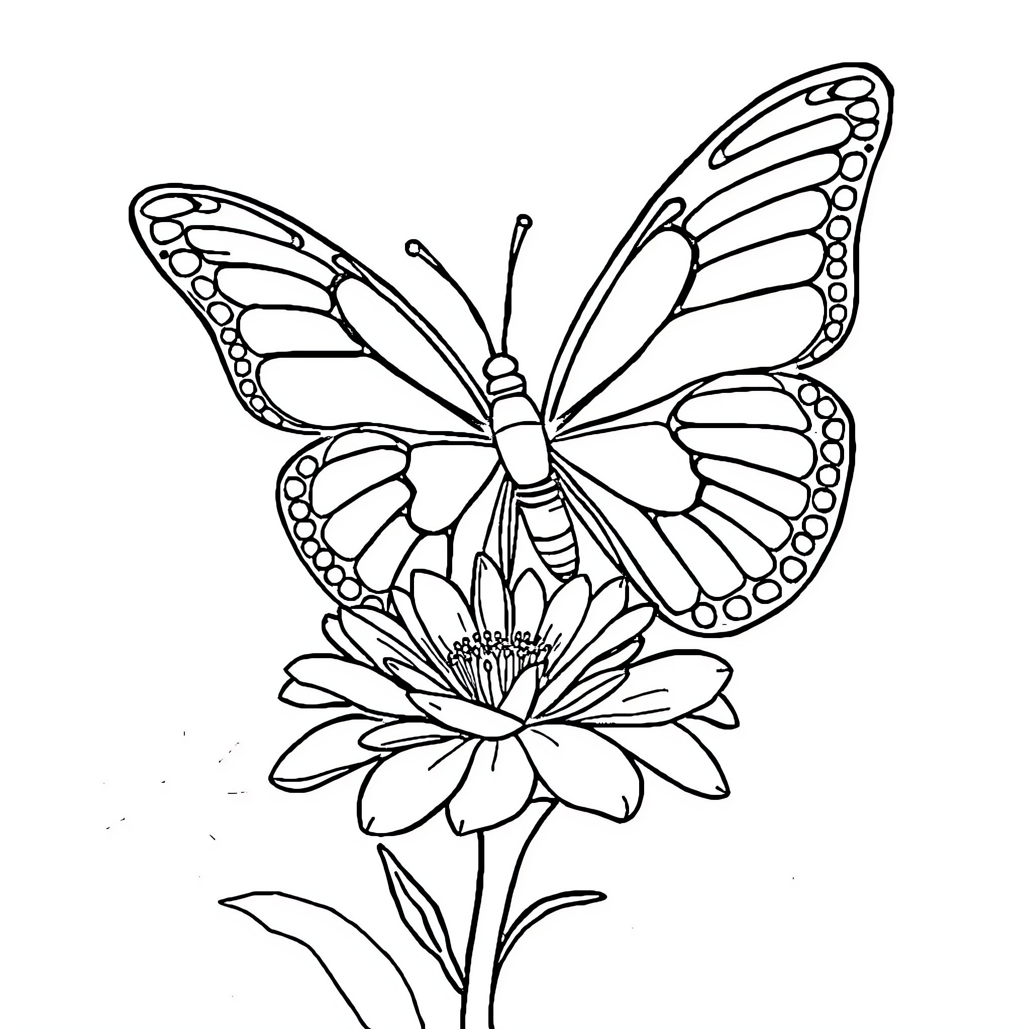 Butterfly hovering over a delicate flower Coloring Page (free black-and-white line drawing printable PDF for all, from beginners to advanced learners, including children, teens, adults, and seniors)