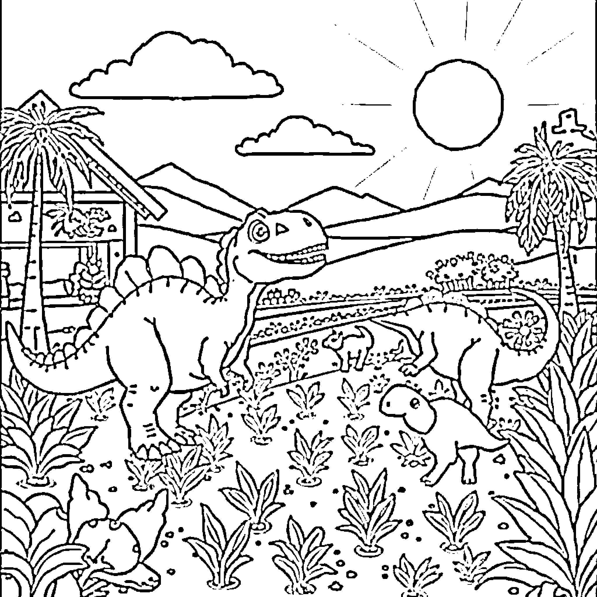 Dinosaur exploring a lush tropical landscape Coloring Page (free black-and-white line drawing printable PDF for all, from beginners to advanced learners, including children, teens, adults, and seniors)
