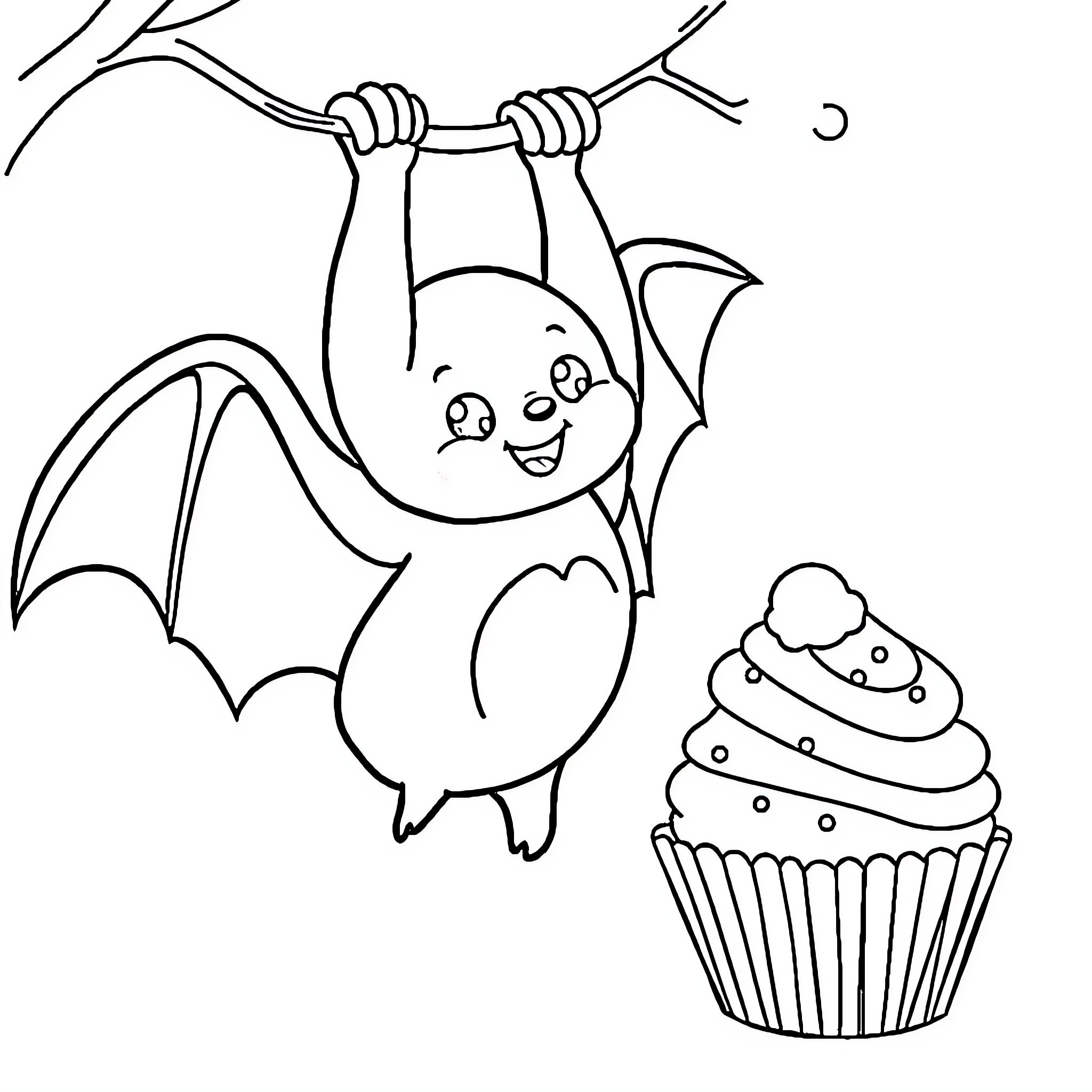 Bat hanging upside down near a cupcake Coloring Page (free black-and-white line drawing printable PDF for all, from beginners to advanced learners, including children, teens, adults, and seniors)