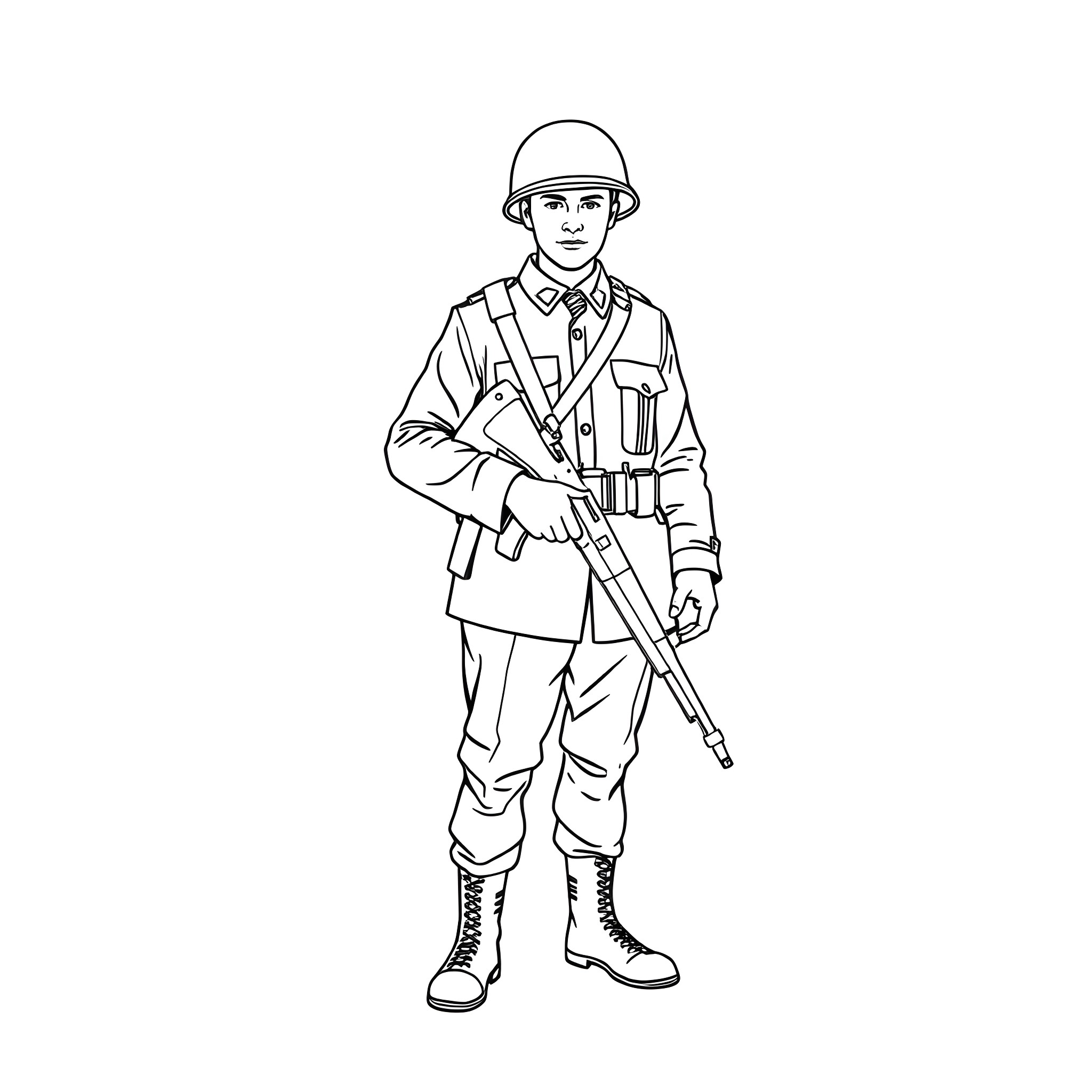 British Soldier in Uniform with Rifle Coloring Page (free black-and-white line drawing printable PDF for all, from beginners to advanced learners, including children, teens, adults, and seniors)