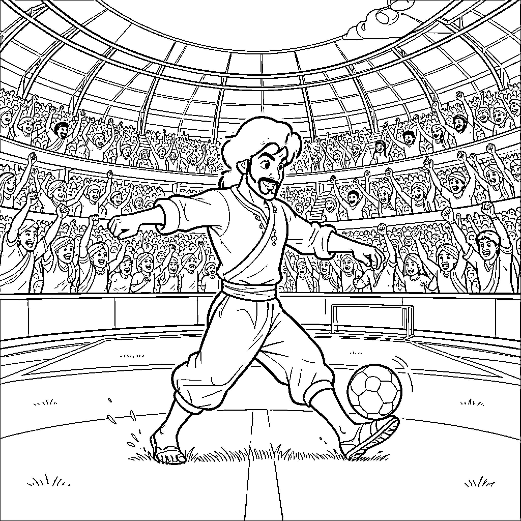 Aladin kicking a soccer ball in a stadium Coloring Page (free black-and-white line drawing printable PDF for all, from beginners to advanced learners, including children, teens, adults, and seniors)