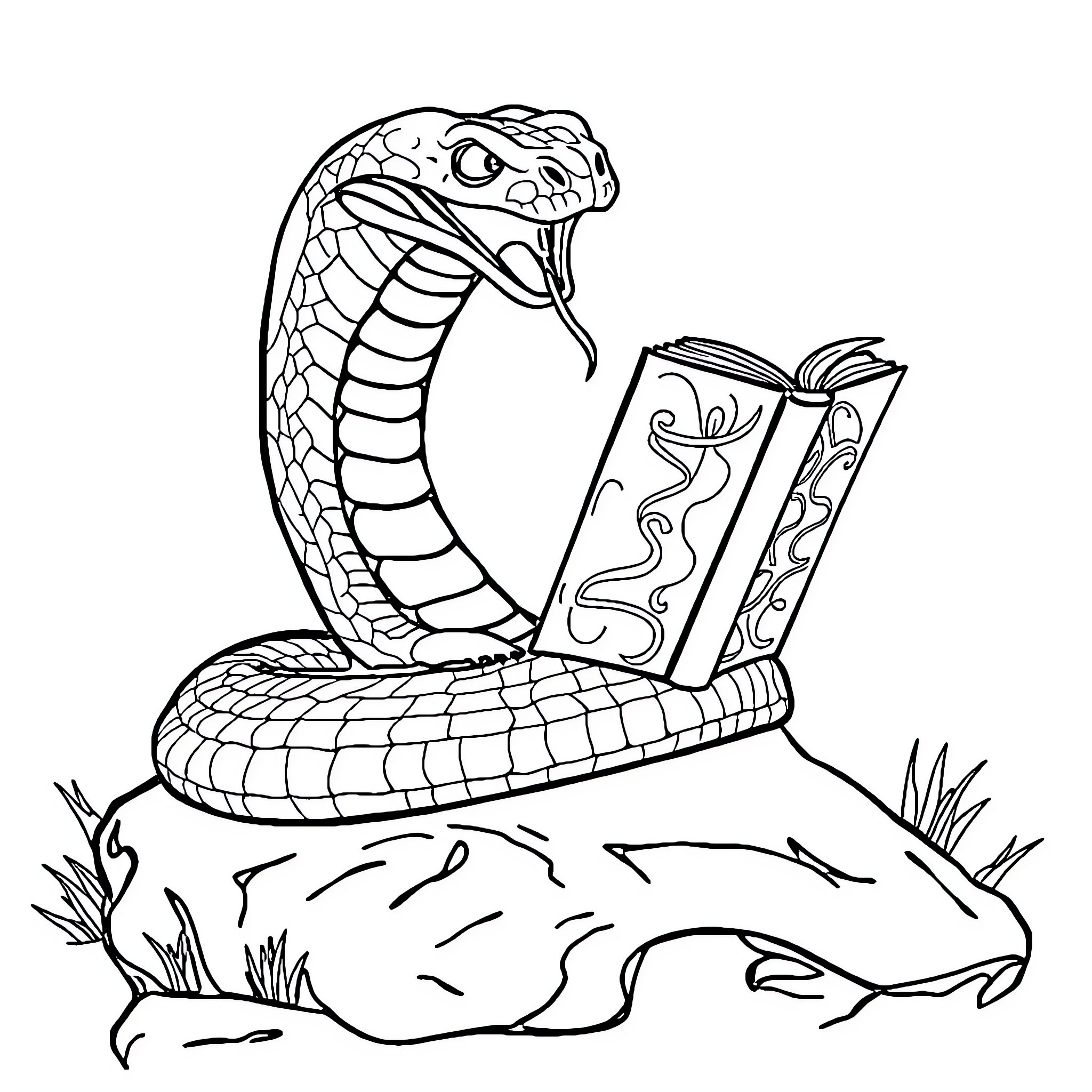 Cobra reading a mysterious book in the wild Coloring Page (free black-and-white line drawing printable PDF for all, from beginners to advanced learners, including children, teens, adults, and seniors)