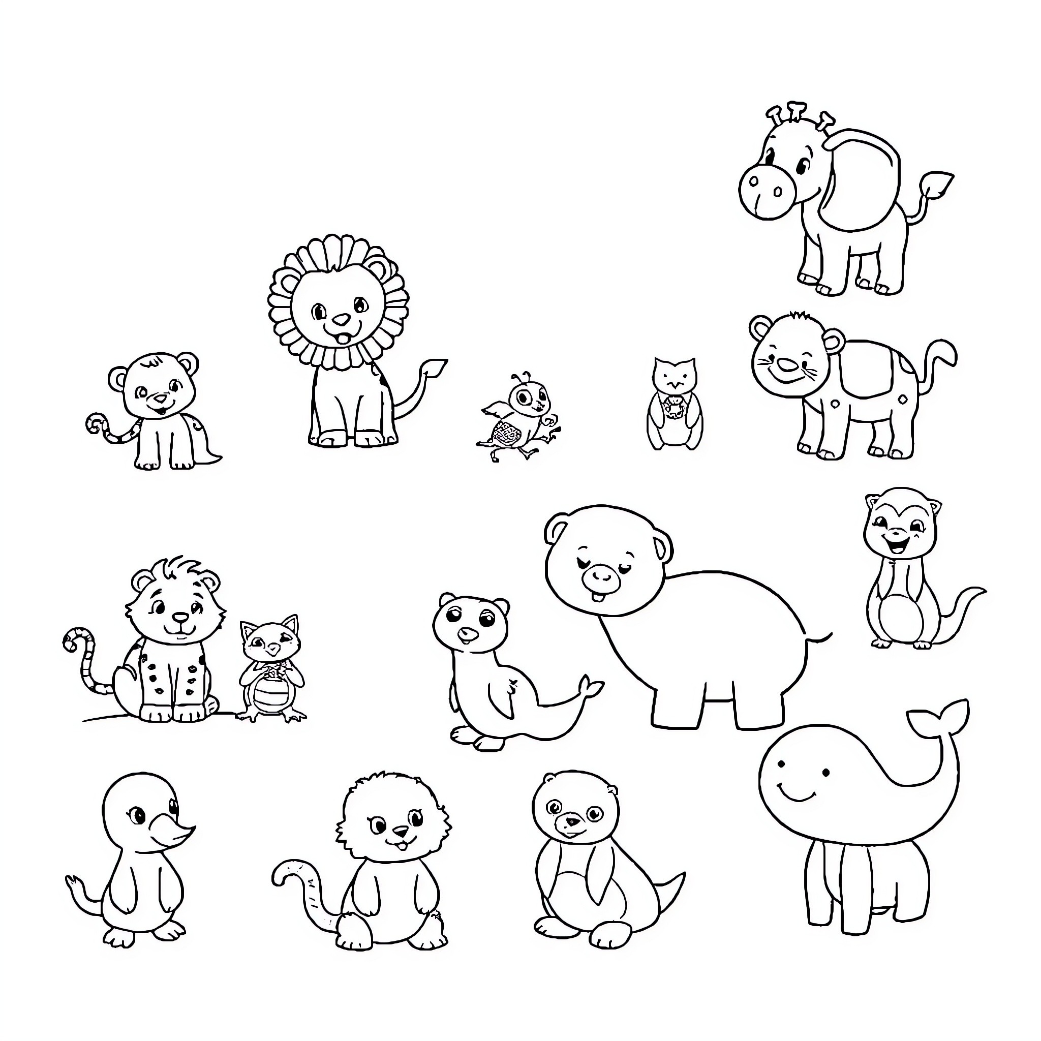 Animal Cartoon Characters with Various Poses and Expressions Coloring Page (free black-and-white line drawing printable PDF for all, from beginners to advanced learners, including children, teens, adults, and seniors)