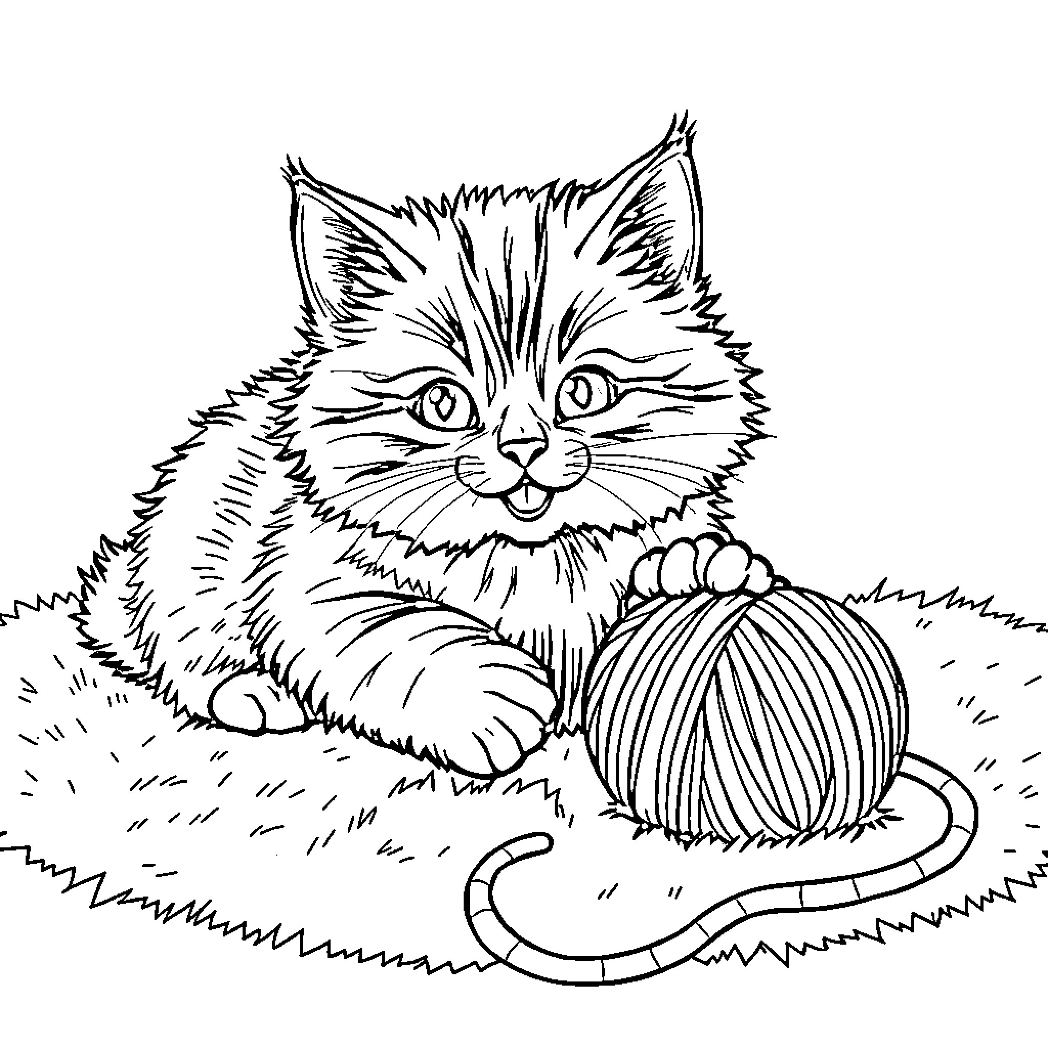 Cat sitting with a ball of yarn Coloring Page (free black-and-white line drawing printable PDF for all, from beginners to advanced learners, including children, teens, adults, and seniors)