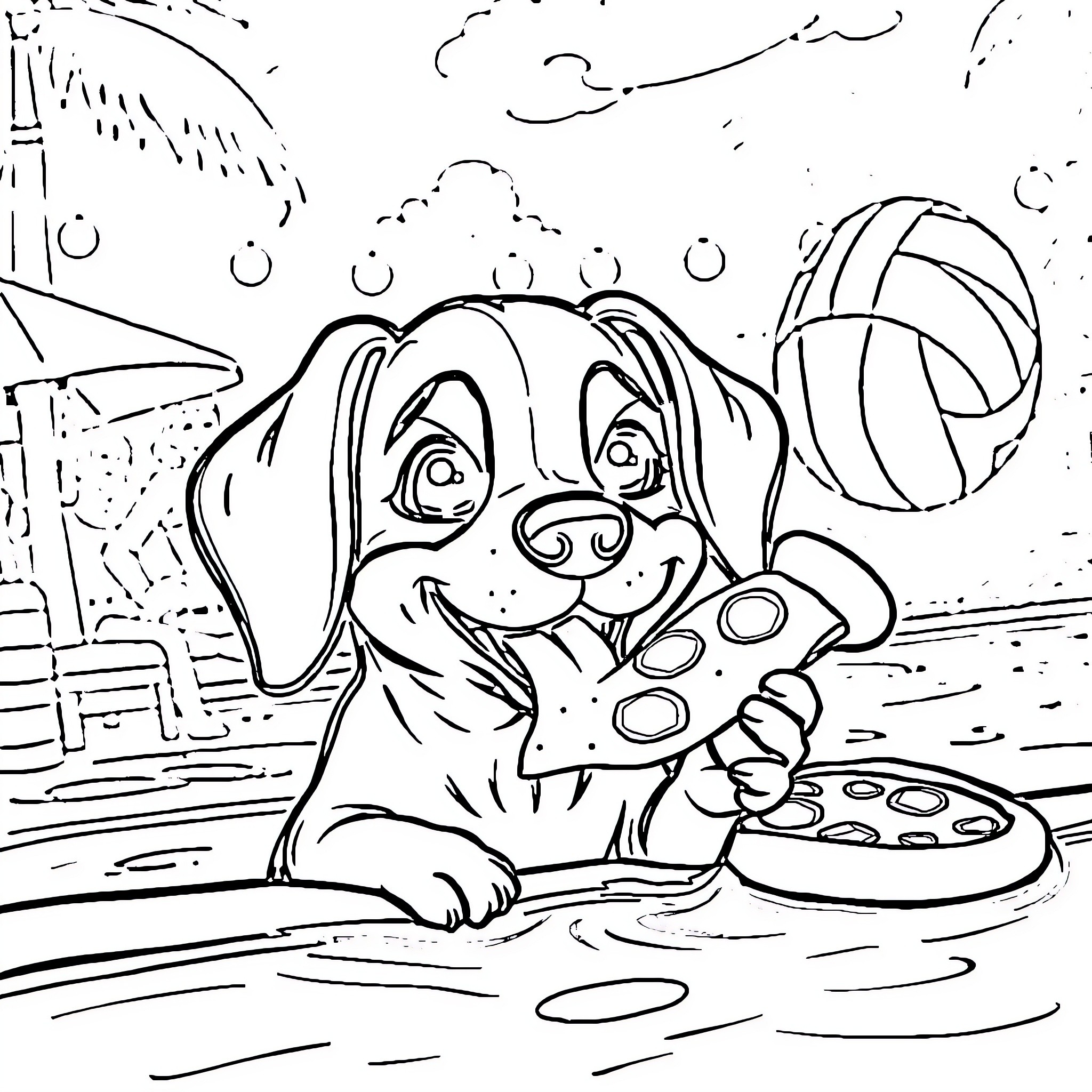 Weiner Dog Playing with Beach Toys Coloring Page (free black-and-white line drawing printable PDF for all, from beginners to advanced learners, including children, teens, adults, and seniors)