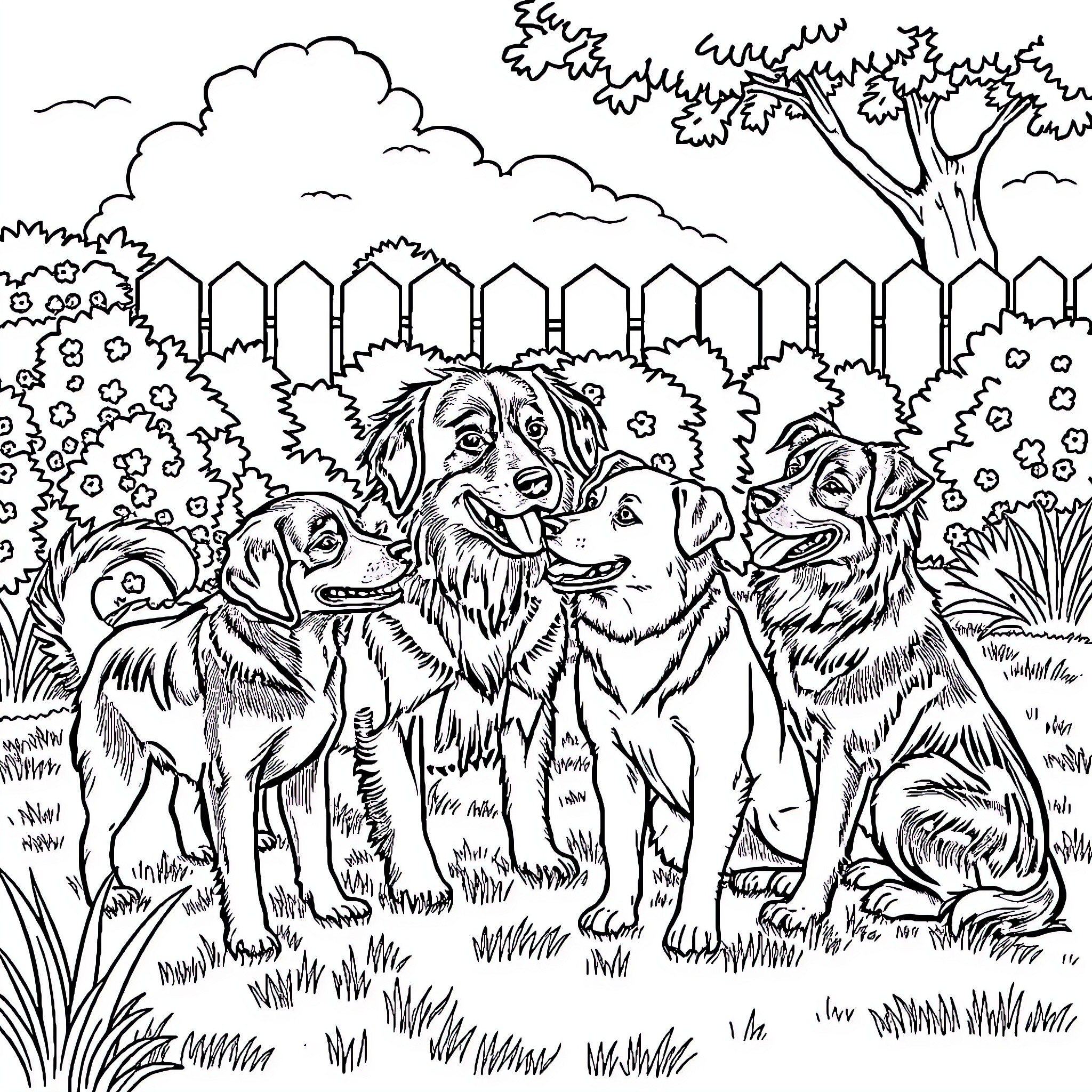 Dog friends enjoying a day outdoors Coloring Page (free black-and-white line drawing printable PDF for all, from beginners to advanced learners, including children, teens, adults, and seniors)