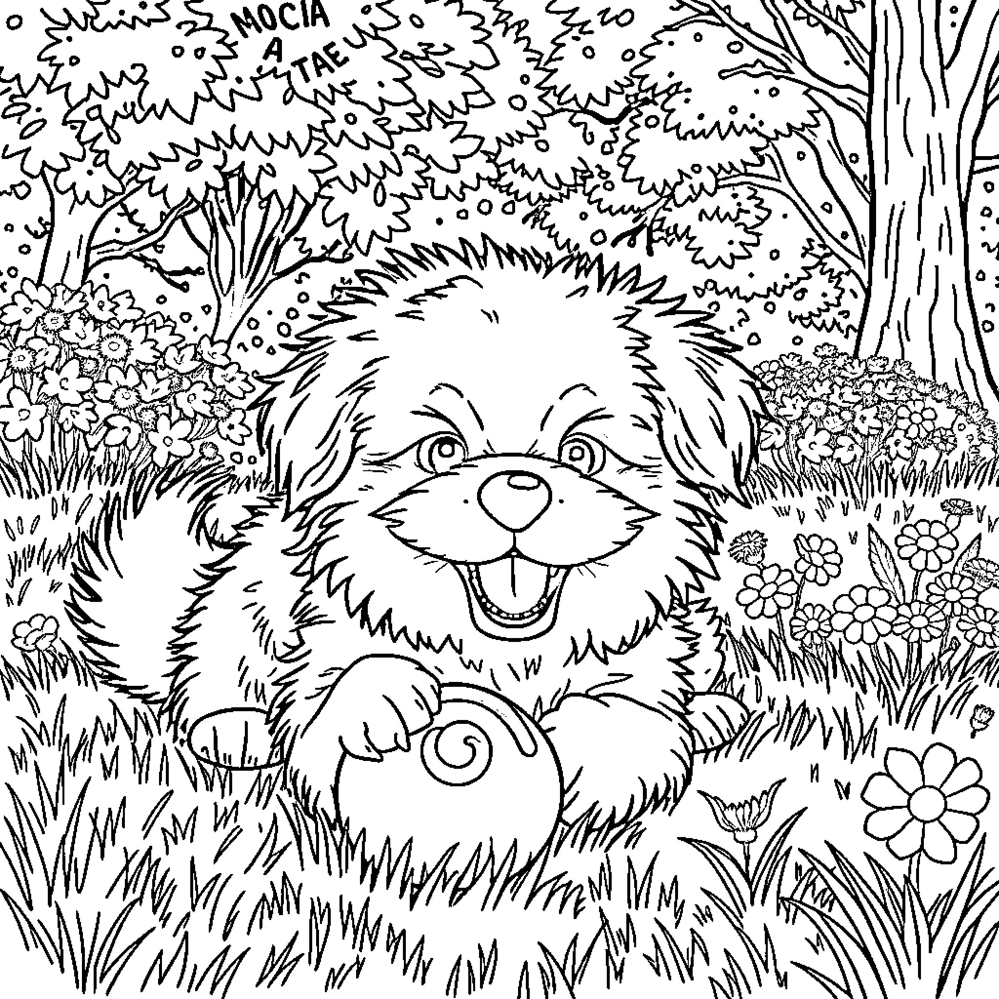 Mocha's Happy Meadow Adventure Coloring Page (free black-and-white line drawing printable PDF for all, from beginners to advanced learners, including children, teens, adults, and seniors)