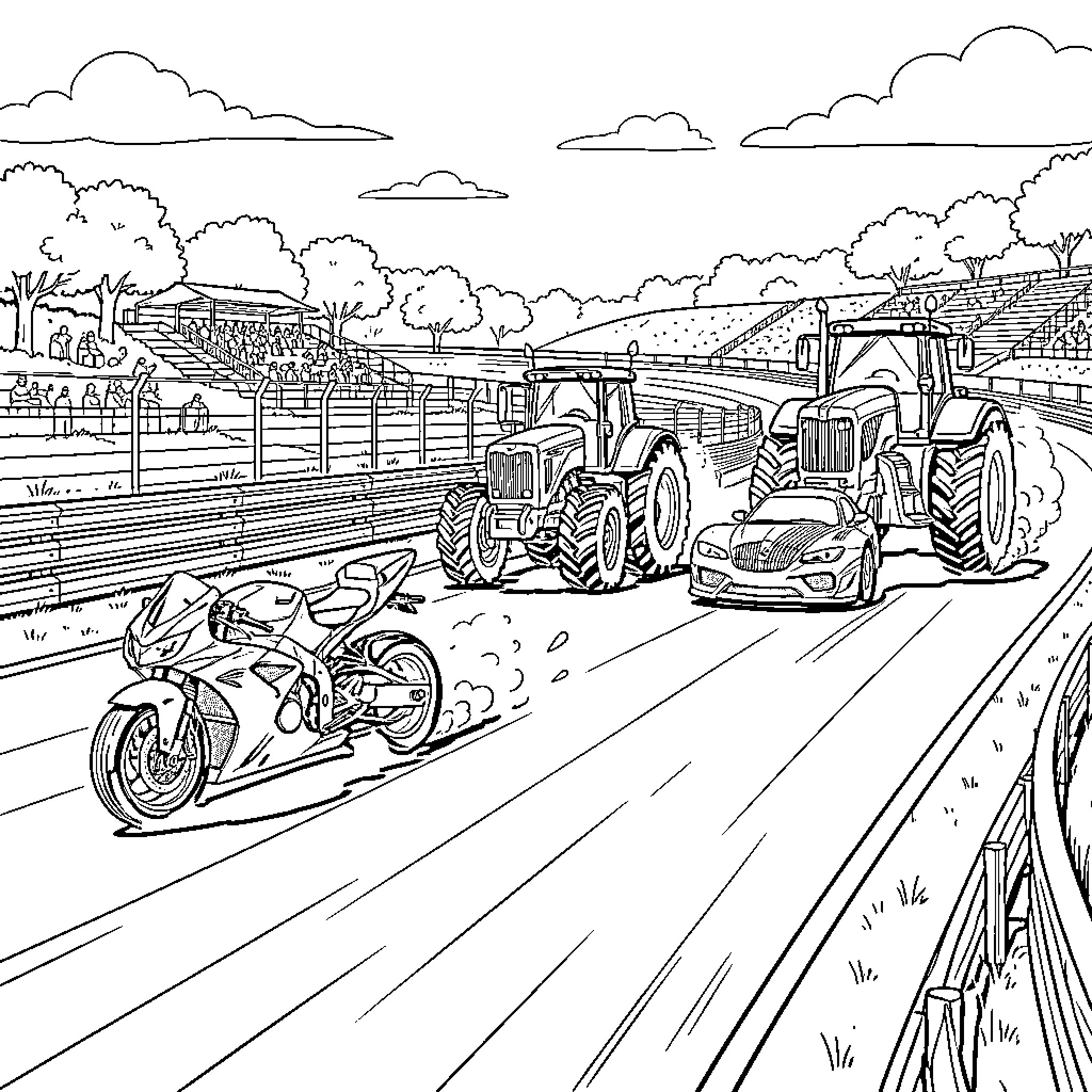 Vehicle racing on a track past large tractors Coloring Page (free black-and-white line drawing printable PDF for all, from beginners to advanced learners, including children, teens, adults, and seniors)
