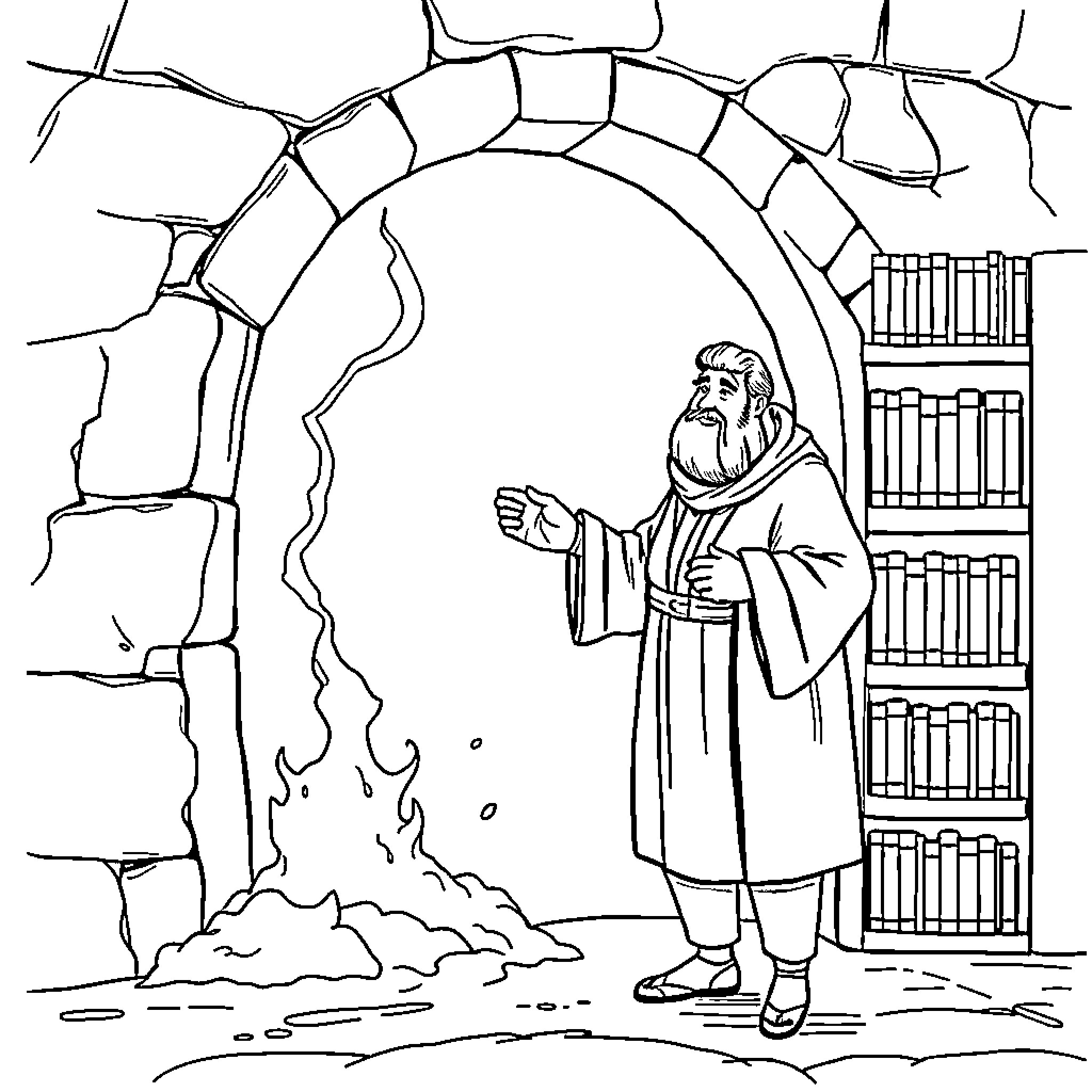 Hand holding scroll in medieval stone archway Coloring Page (free black-and-white line drawing printable PDF for all, from beginners to advanced learners, including children, teens, adults, and seniors)