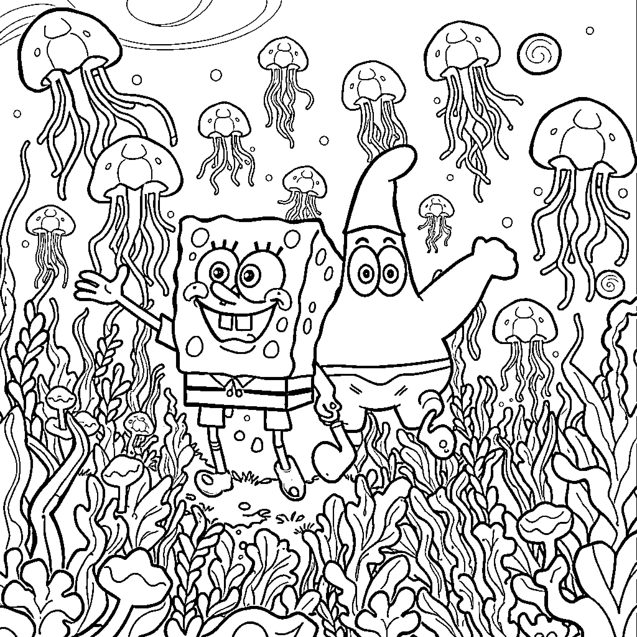 Spongebob explores the underwater jellyfish meadow Coloring Page (free black-and-white line drawing printable PDF for all, from beginners to advanced learners, including children, teens, adults, and seniors)