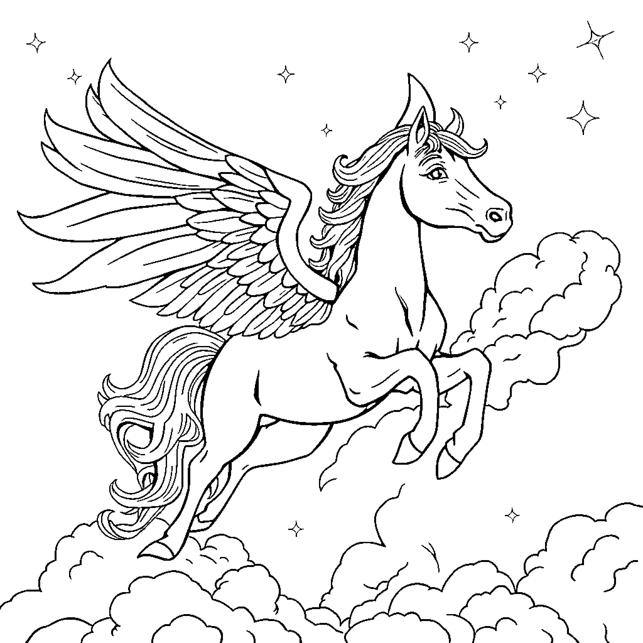 Winged Horse soaring through the starry night sky Coloring Page (free black-and-white line drawing printable PDF for all, from beginners to advanced learners, including children, teens, adults, and seniors)
