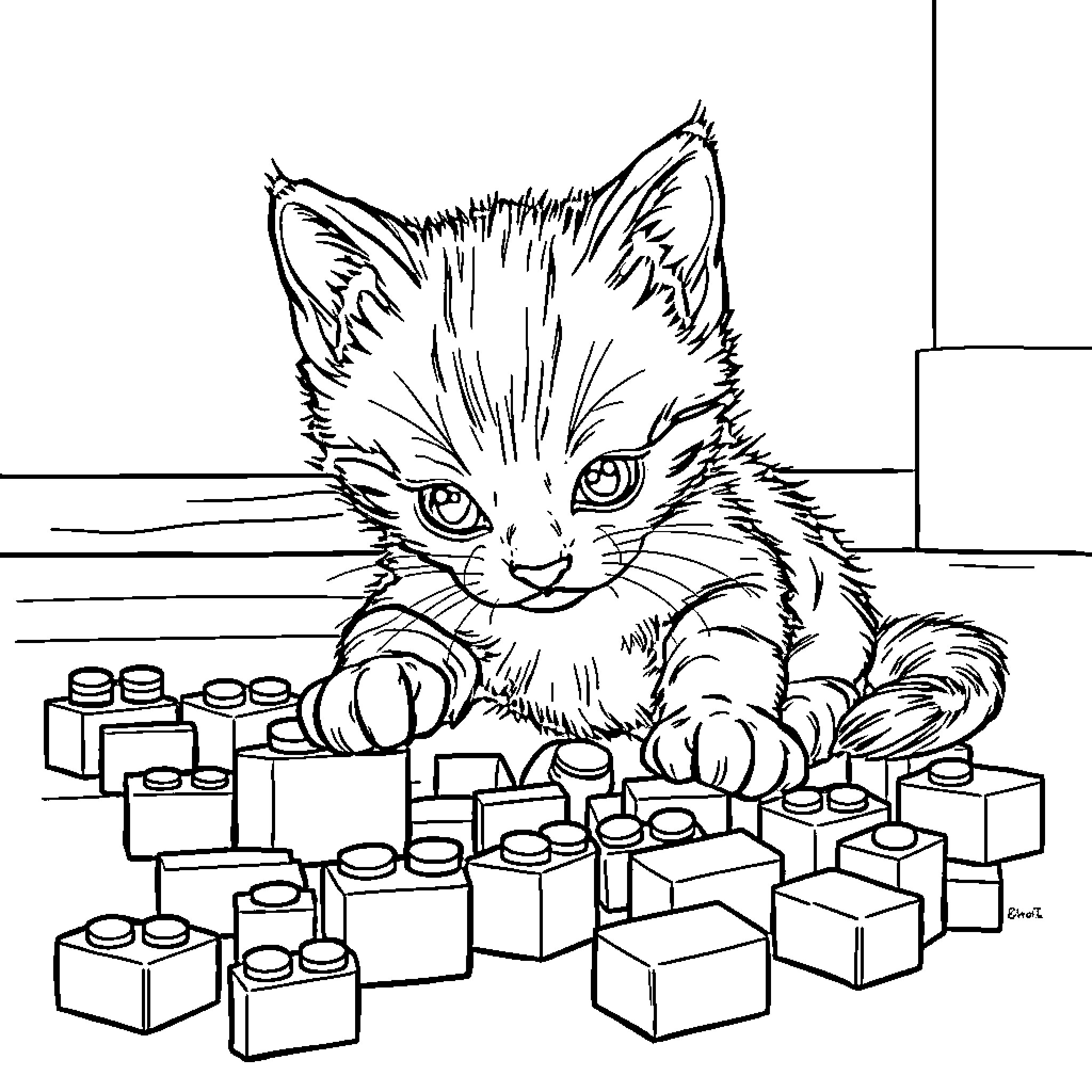 Kitten playing with building blocks Coloring Page (free black-and-white line drawing printable PDF for all, from beginners to advanced learners, including children, teens, adults, and seniors)