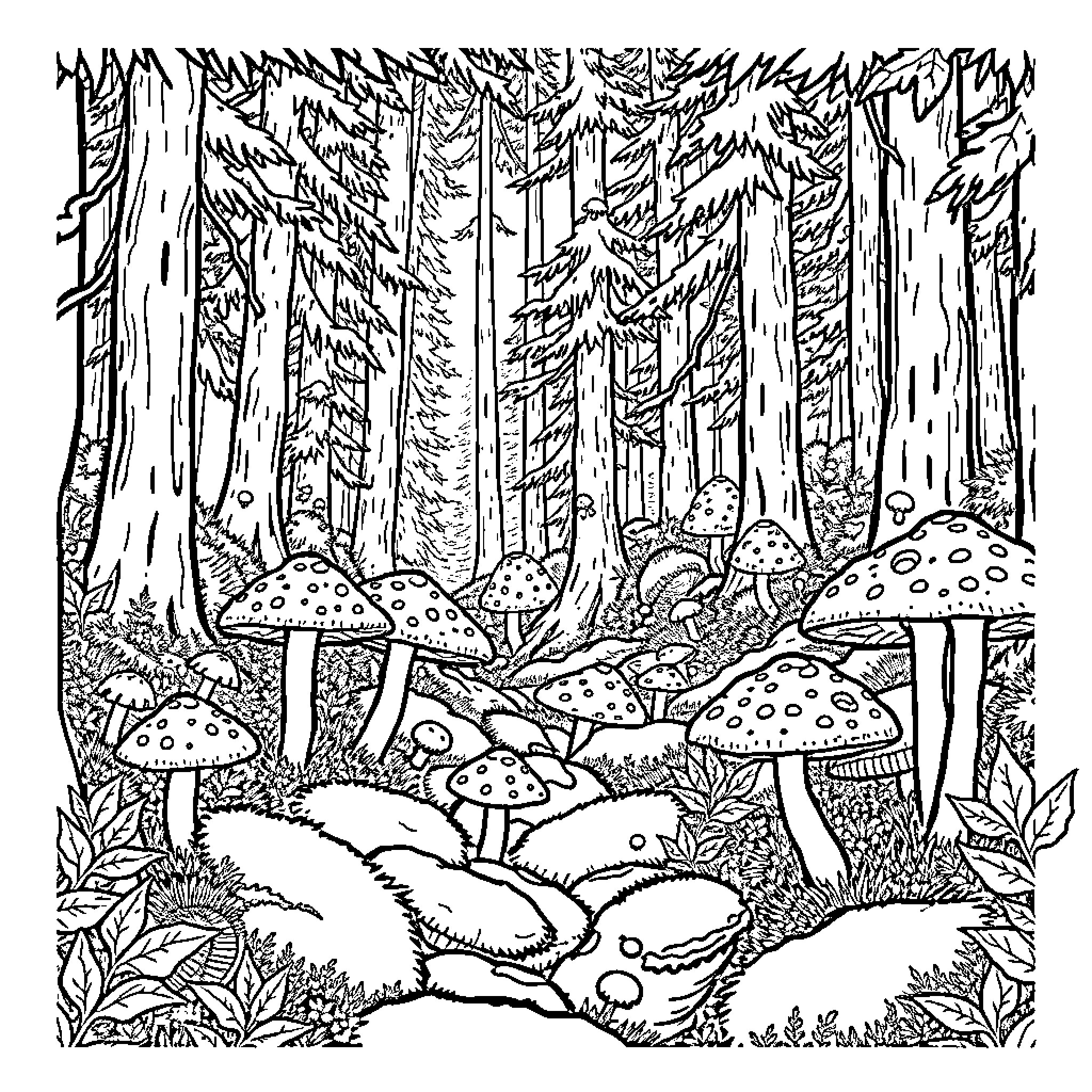 Mushroom Forest Landscape with Whimsical Fungal Growth Coloring Page (free black-and-white line drawing printable PDF for all, from beginners to advanced learners, including children, teens, adults, and seniors)