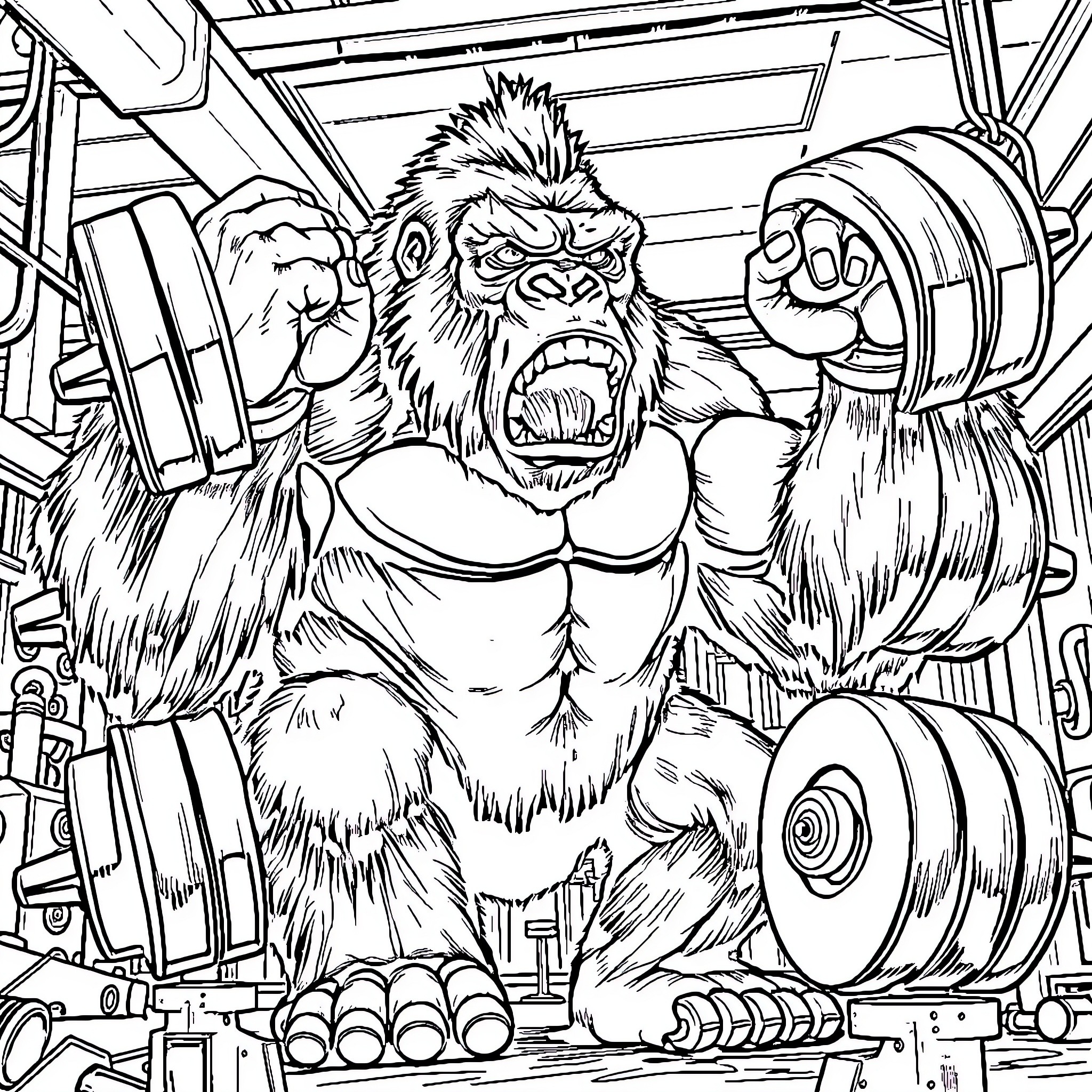 King Kong Lifts Weights in Futuristic Gym Coloring Page (free black-and-white line drawing printable PDF for all, from beginners to advanced learners, including children, teens, adults, and seniors)