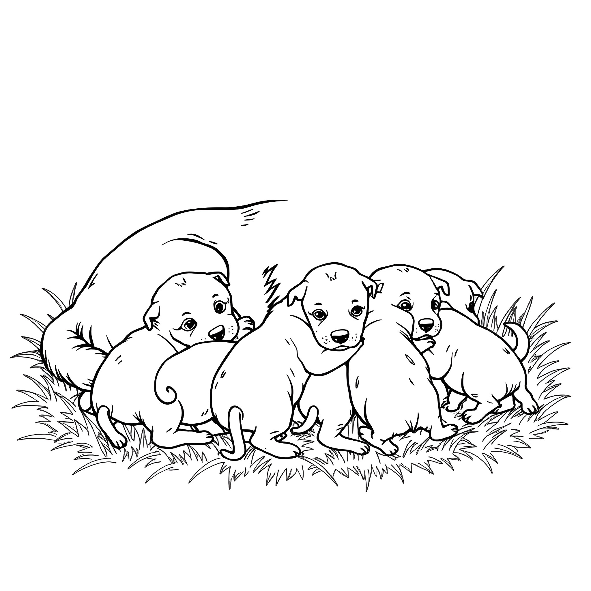 Dog puppies playing in the grass Coloring Page (free black-and-white line drawing printable PDF for all, from beginners to advanced learners, including children, teens, adults, and seniors)