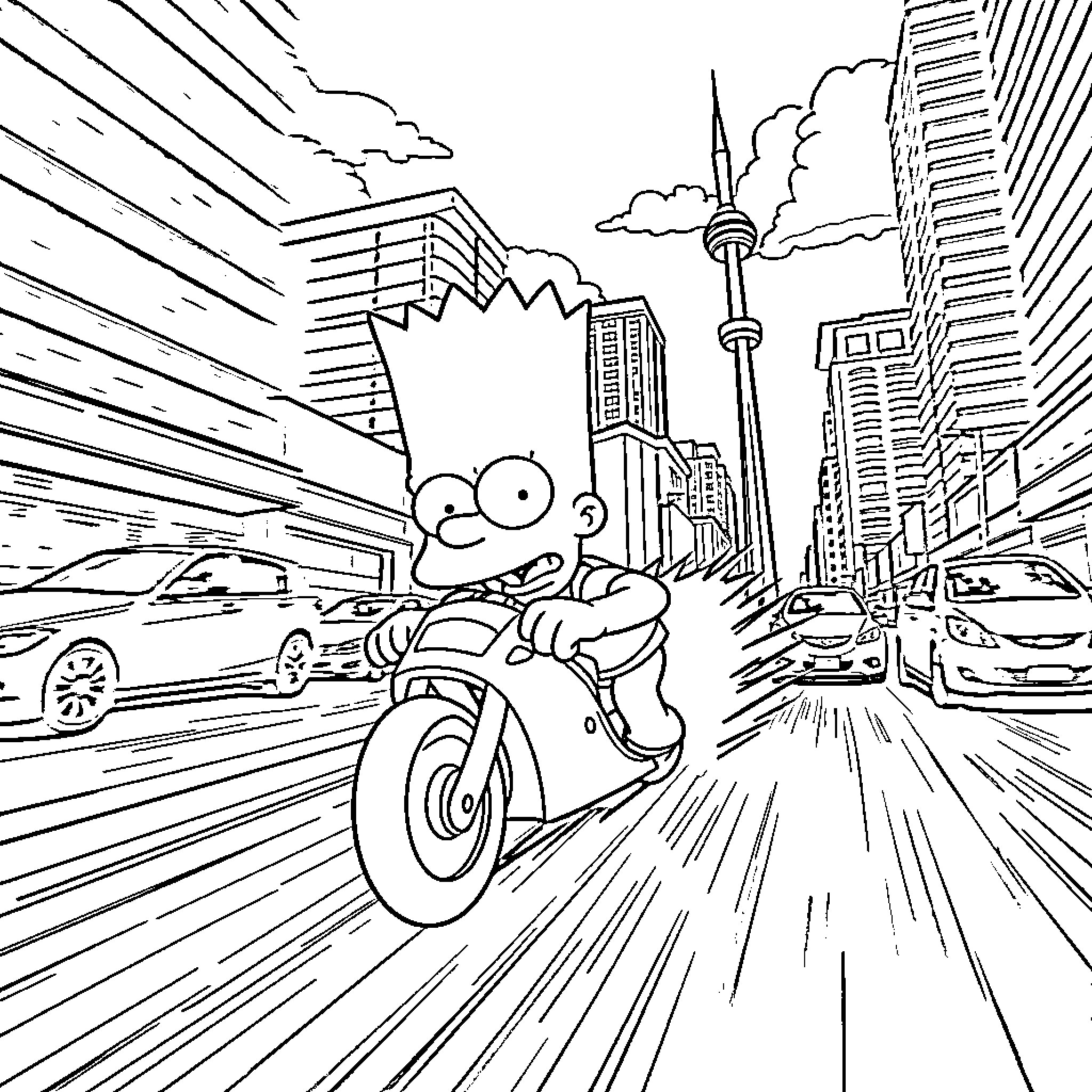 Bart Simpson riding a motorcycle through a busy city Coloring Page (free black-and-white line drawing printable PDF for all, from beginners to advanced learners, including children, teens, adults, and seniors)
