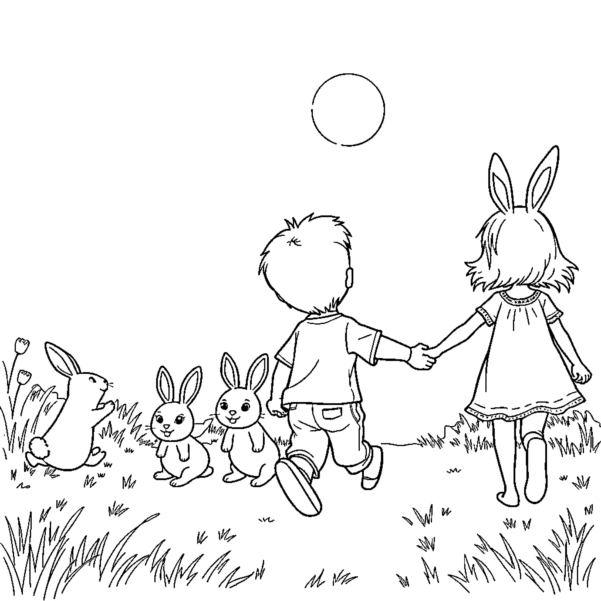 Rabbit friends enjoying a sunny day outdoors Coloring Page (free black-and-white line drawing printable PDF for all, from beginners to advanced learners, including children, teens, adults, and seniors)