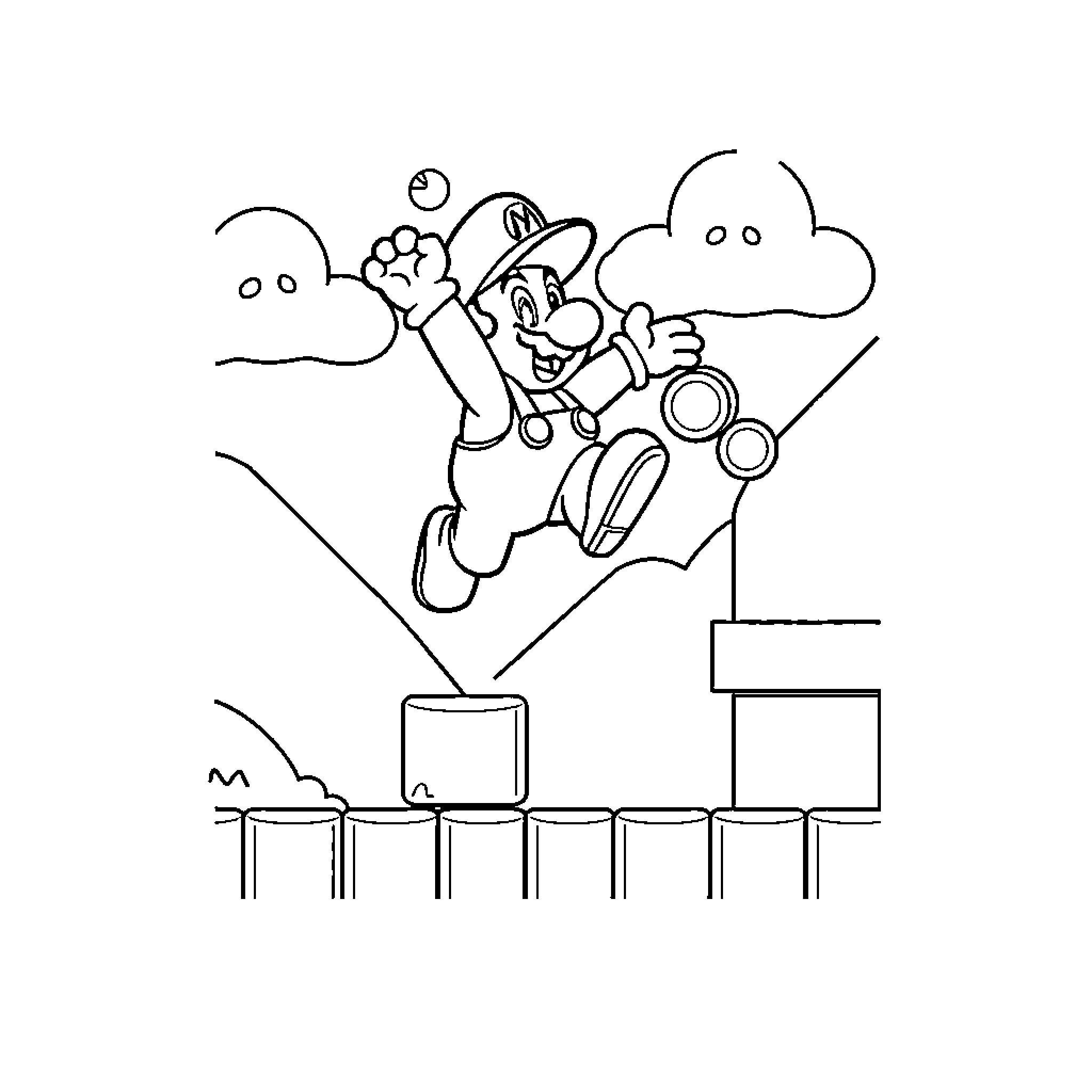 Mario's Acrobatic Adventure in the Digital World Coloring Page (free black-and-white line drawing printable PDF for all, from beginners to advanced learners, including children, teens, adults, and seniors)