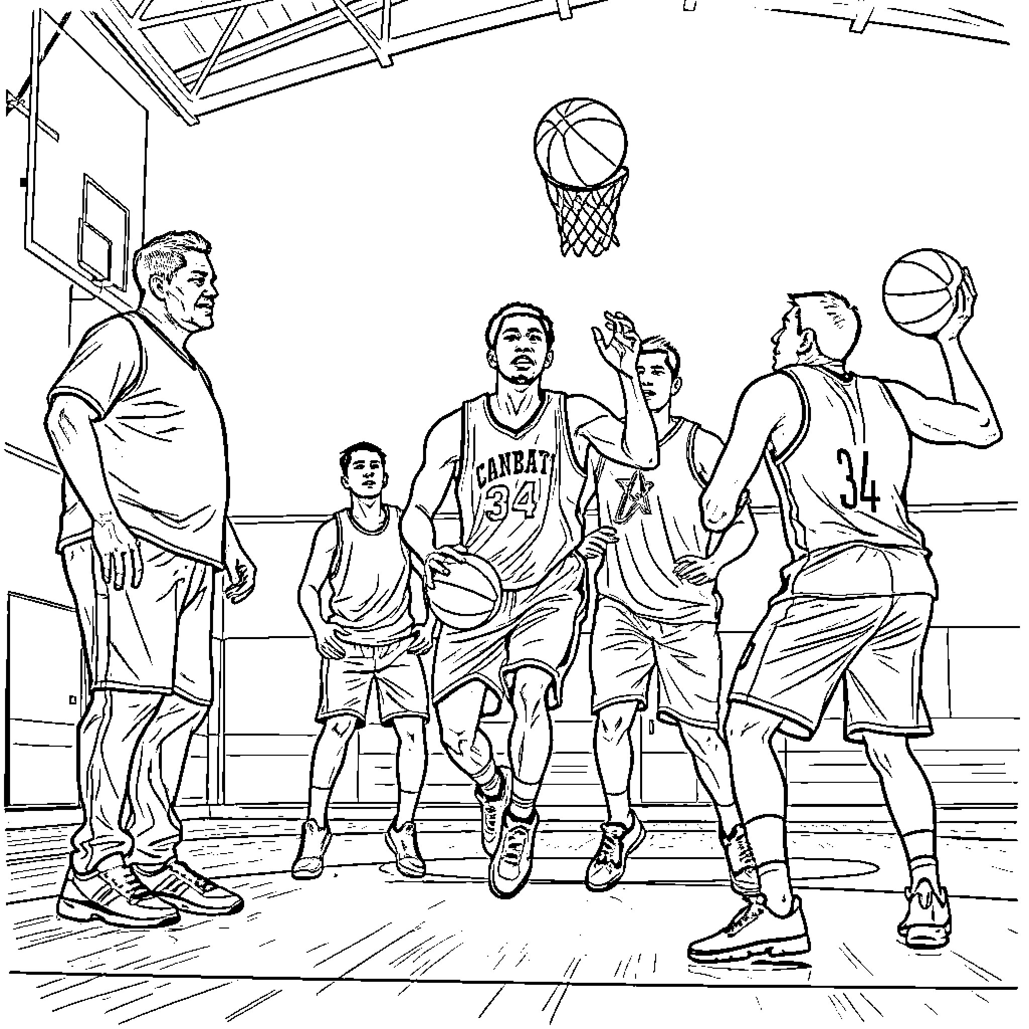 Basketball players in action on the court Coloring Page (free black-and-white line drawing printable PDF for all, from beginners to advanced learners, including children, teens, adults, and seniors)