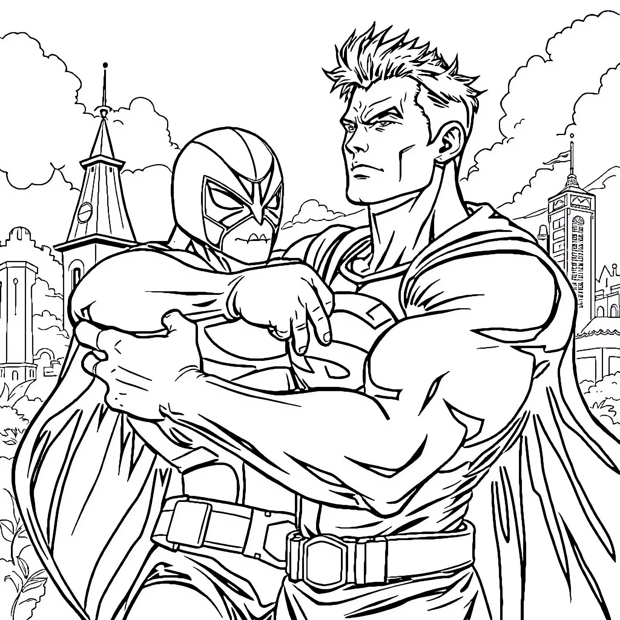 Batam superhero striking an heroic pose Coloring Page (free black-and-white line drawing printable PDF for all, from beginners to advanced learners, including children, teens, adults, and seniors)