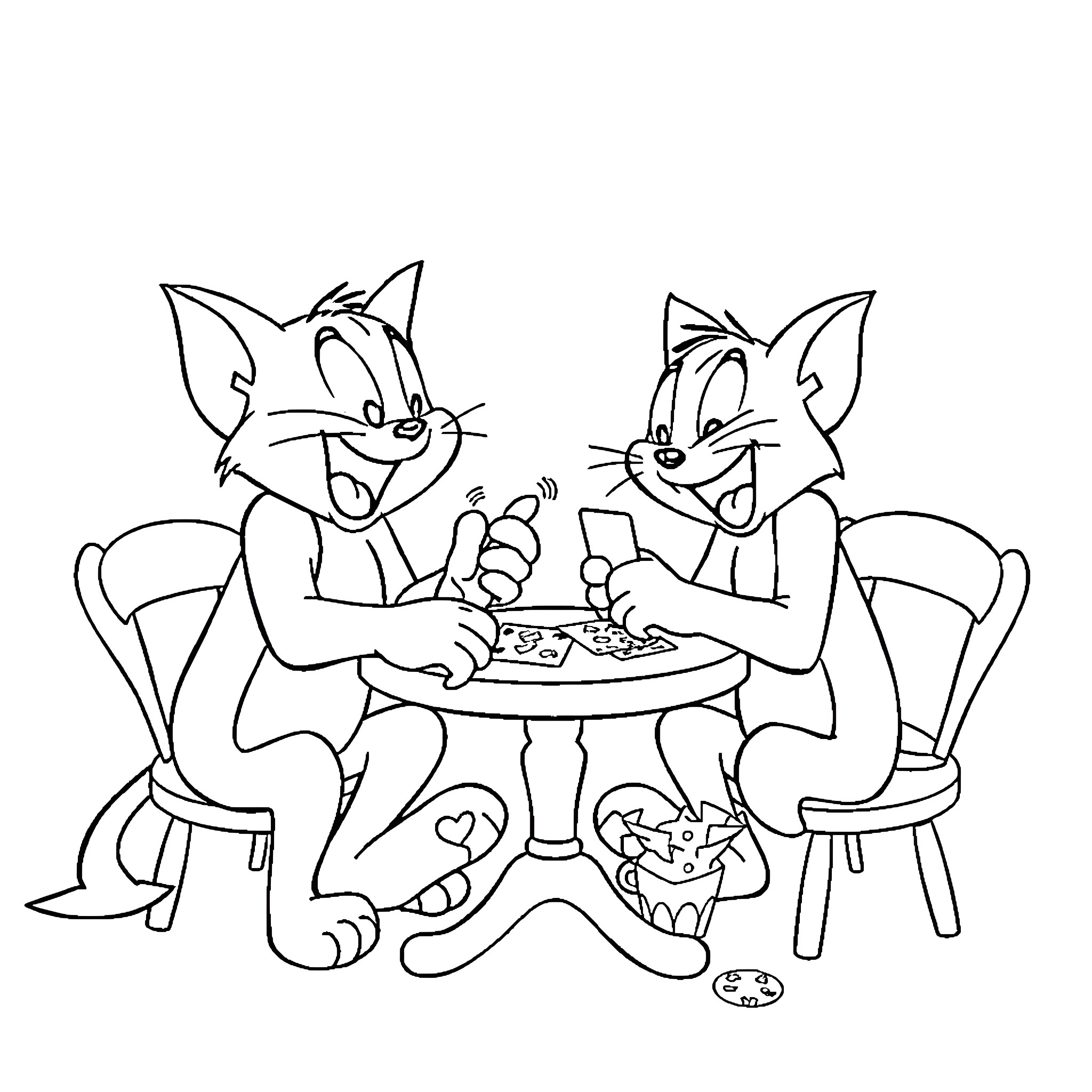 Tom and Jerry Enjoying a Meal Together Coloring Page (free black-and-white line drawing printable PDF for all, from beginners to advanced learners, including children, teens, adults, and seniors)