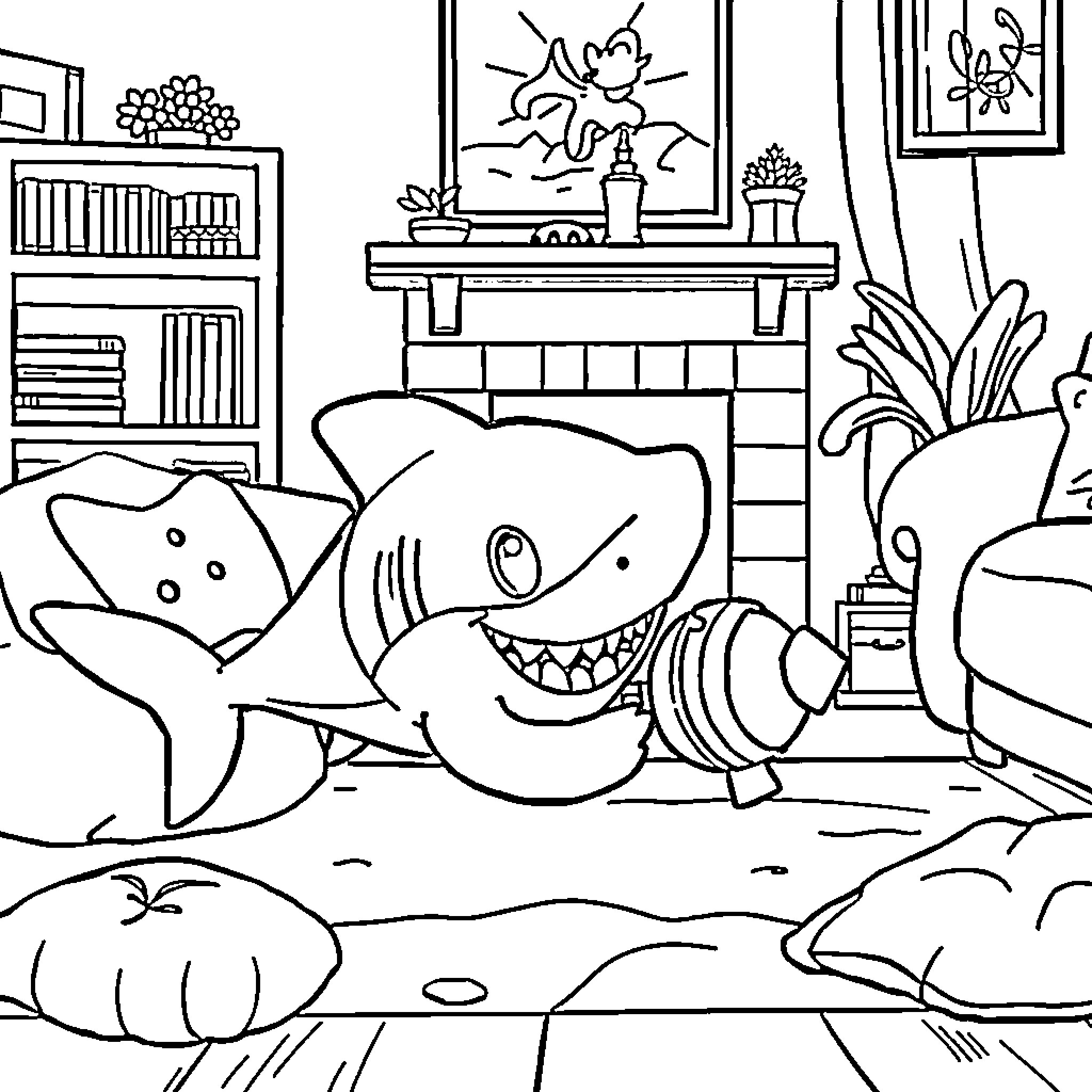 Bluey and Cute Shark Playing in the Living Room Coloring Page (free black-and-white line drawing printable PDF for all, from beginners to advanced learners, including children, teens, adults, and seniors)