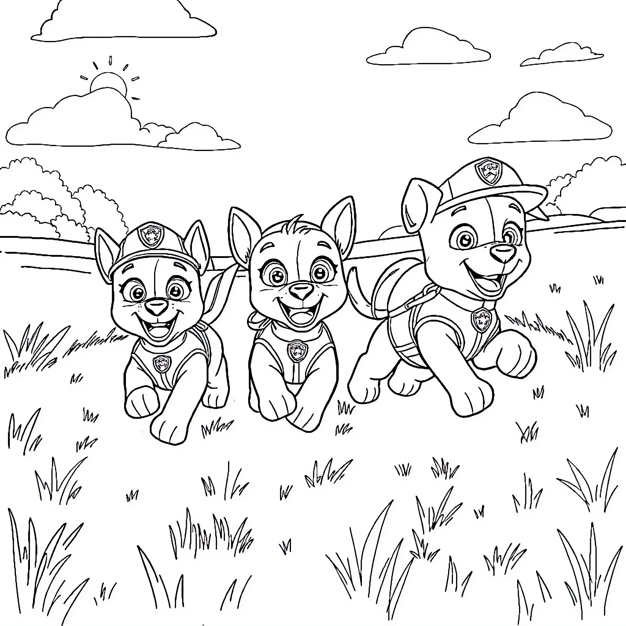 Paw Patrol puppies on an adventure Coloring Page (free black-and-white line drawing printable PDF for all, from beginners to advanced learners, including children, teens, adults, and seniors)