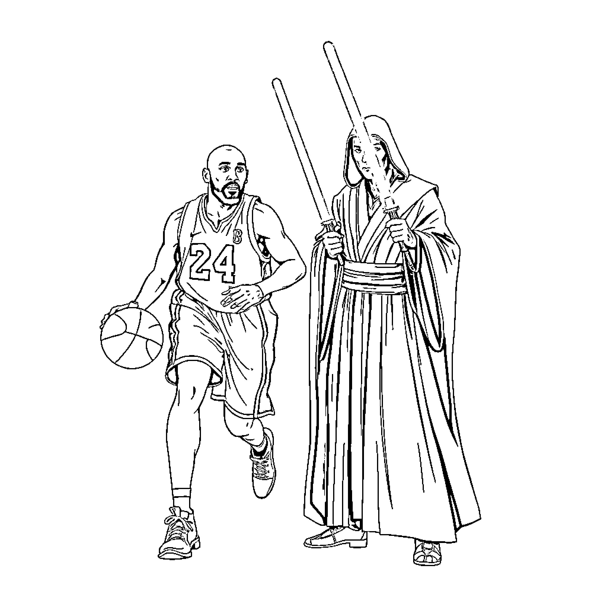 Kobe Bryant with a Jedi Master on the Basketball Court Coloring Page (free black-and-white line drawing printable PDF for all, from beginners to advanced learners, including children, teens, adults, and seniors)