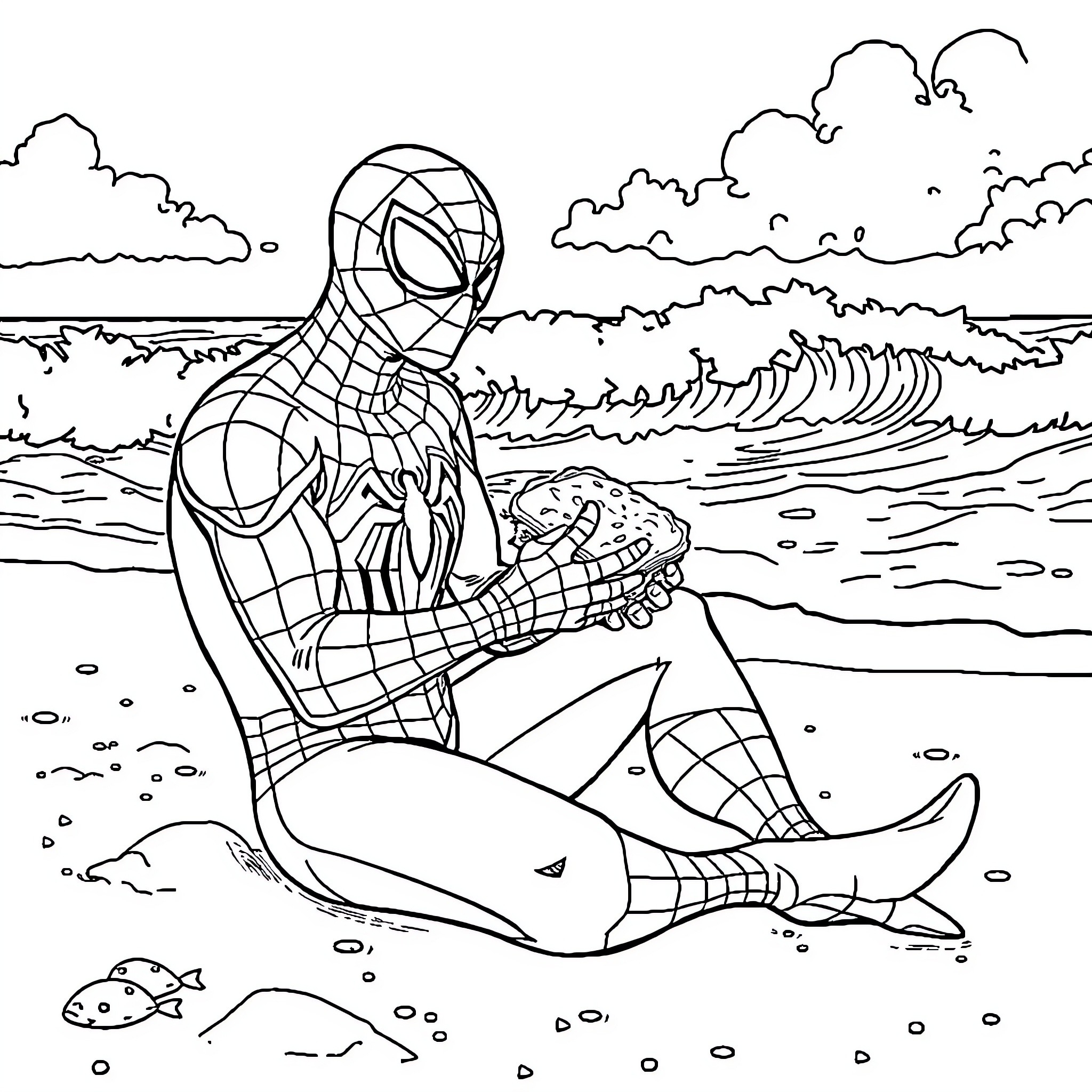 Spiderman relaxing by the ocean shore Coloring Page (free black-and-white line drawing printable PDF for all, from beginners to advanced learners, including children, teens, adults, and seniors)