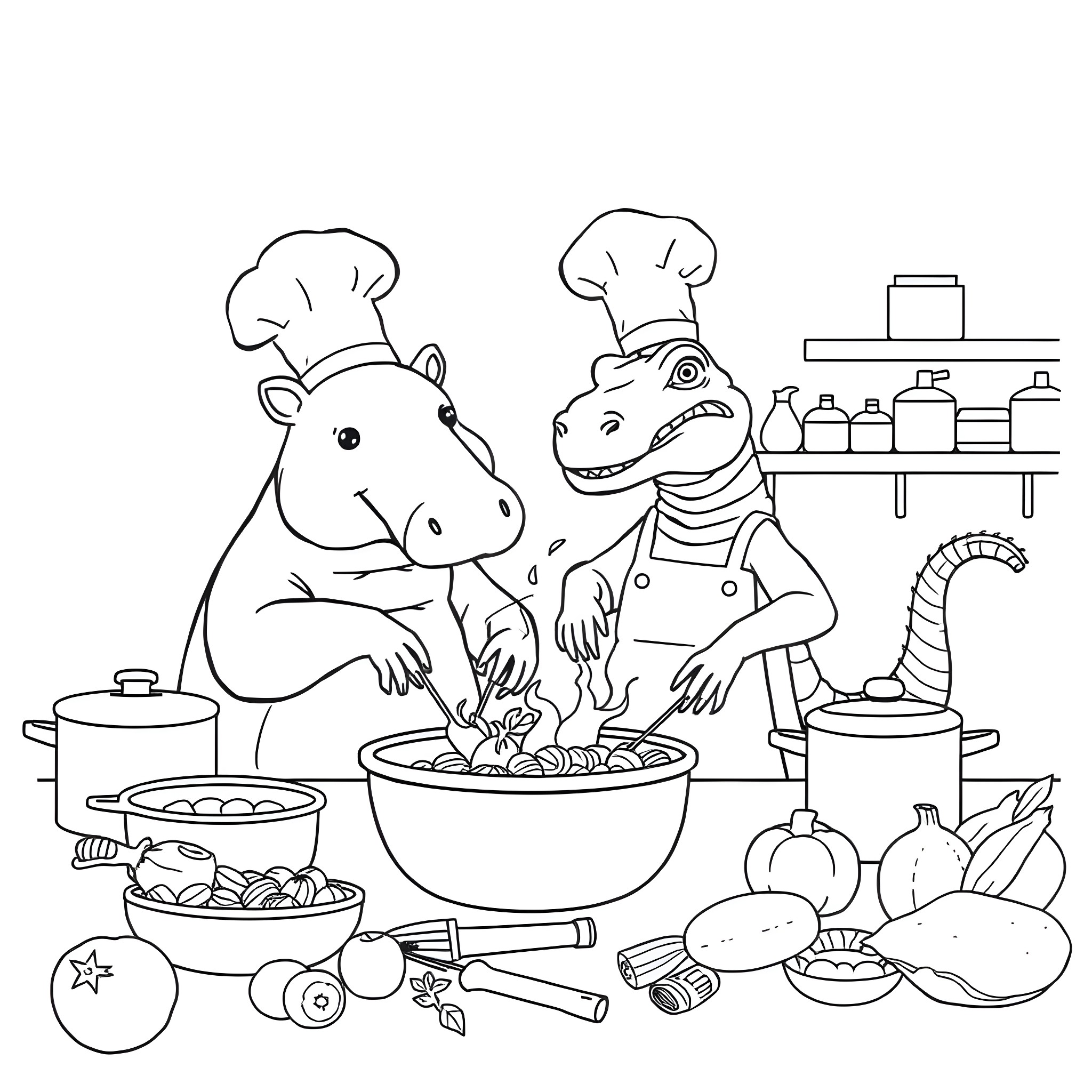 Chef Hippos Preparing a Meal in the Kitchen Coloring Page (free black-and-white line drawing printable PDF for all, from beginners to advanced learners, including children, teens, adults, and seniors)