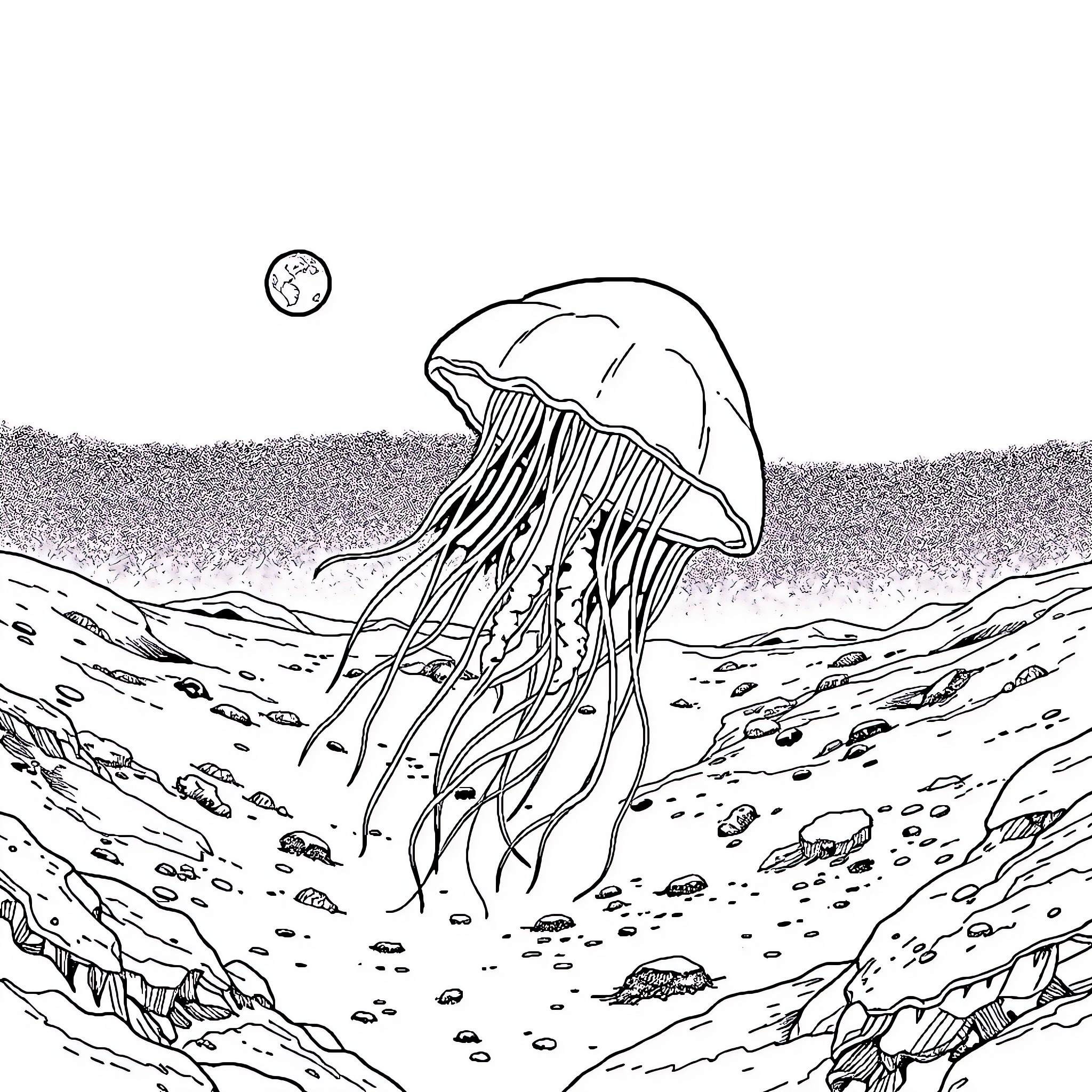 Jellyfish drifting through an underwater landscape Coloring Page (free black-and-white line drawing printable PDF for all, from beginners to advanced learners, including children, teens, adults, and seniors)