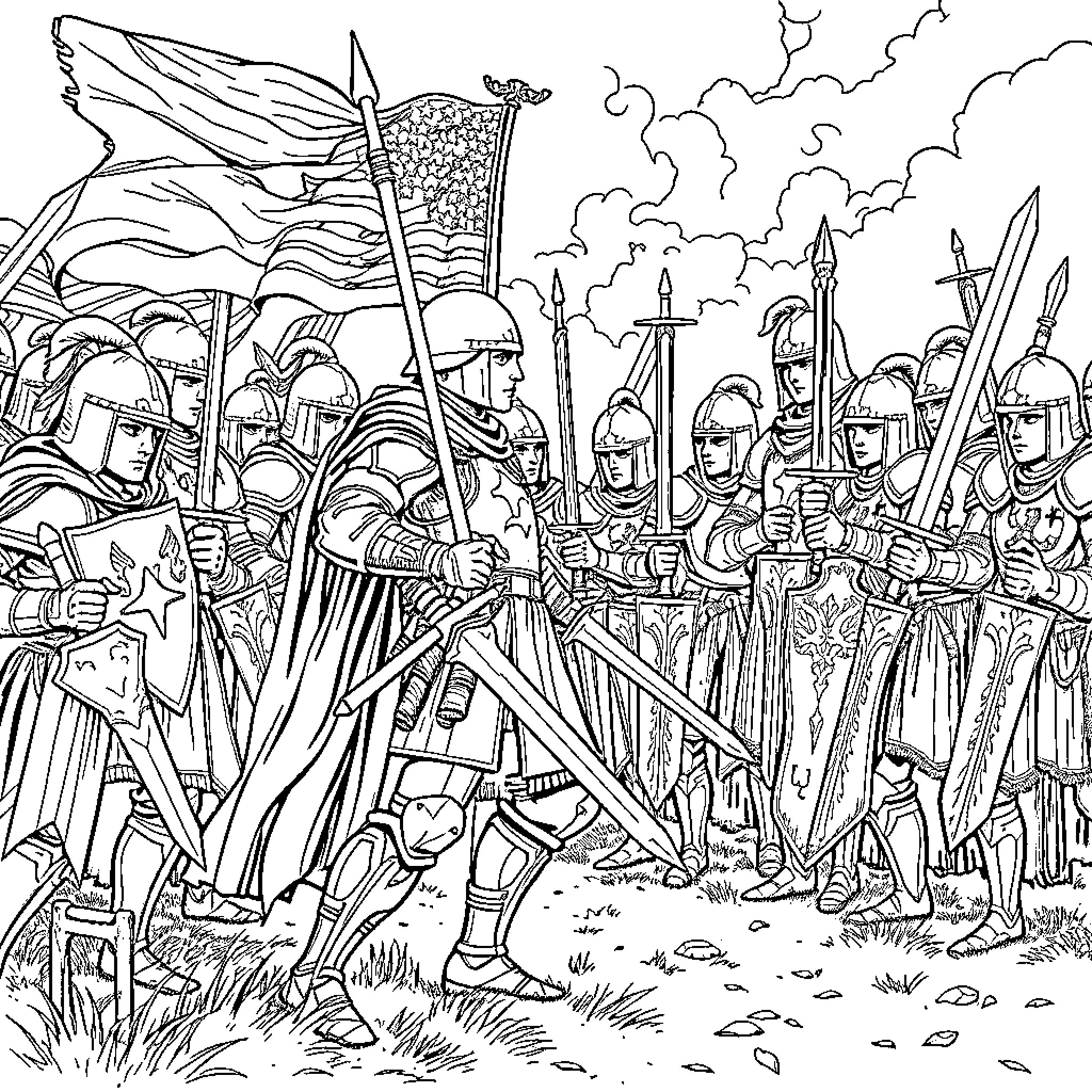 Soldier Leading the Charge into Battle Coloring Page (free black-and-white line drawing printable PDF for all, from beginners to advanced learners, including children, teens, adults, and seniors)