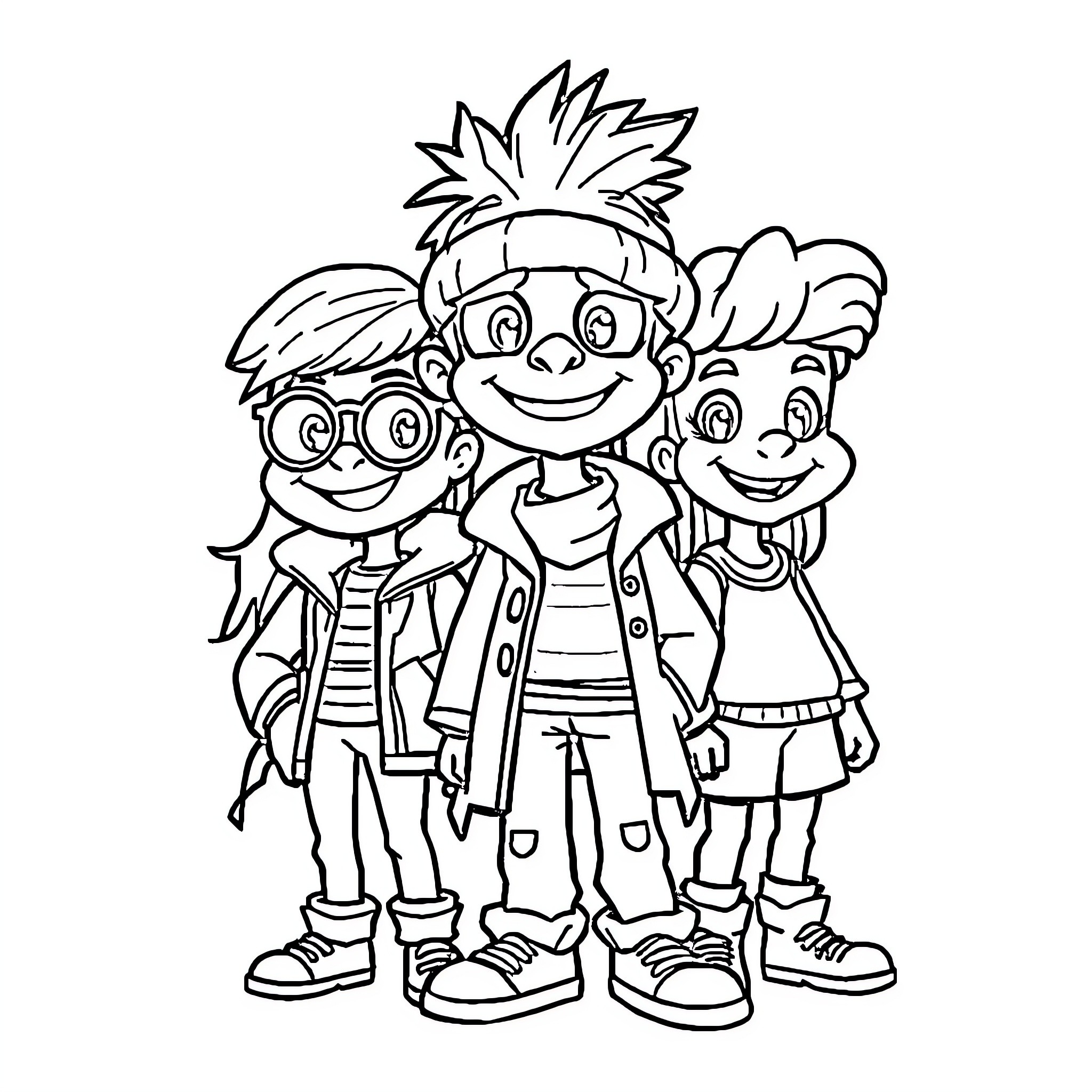 Cartoon Characters Happily Posing Together Coloring Page (free black-and-white line drawing printable PDF for all, from beginners to advanced learners, including children, teens, adults, and seniors)