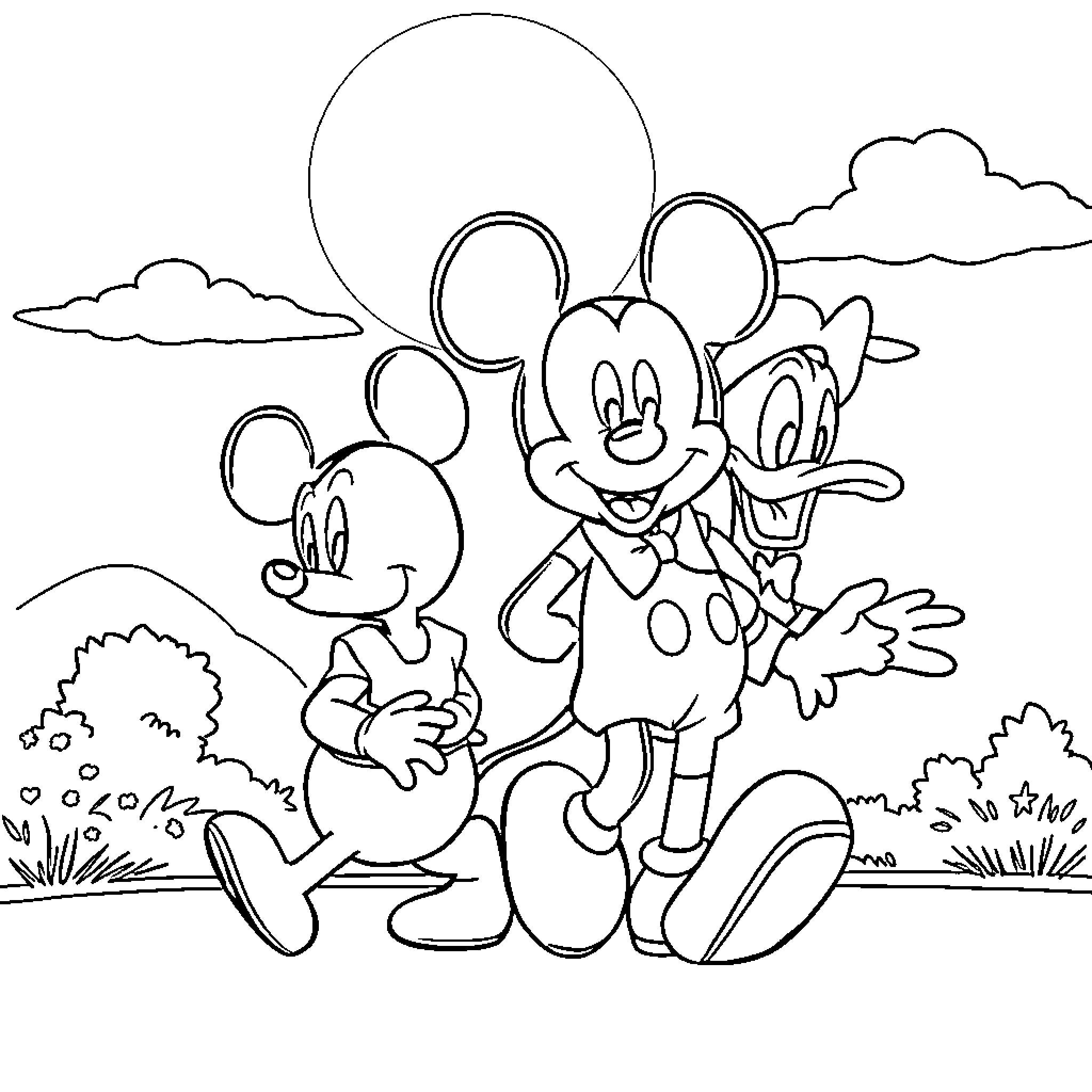 Mickey Mouse and friends playing in nature Coloring Page (free black-and-white line drawing printable PDF for all, from beginners to advanced learners, including children, teens, adults, and seniors)
