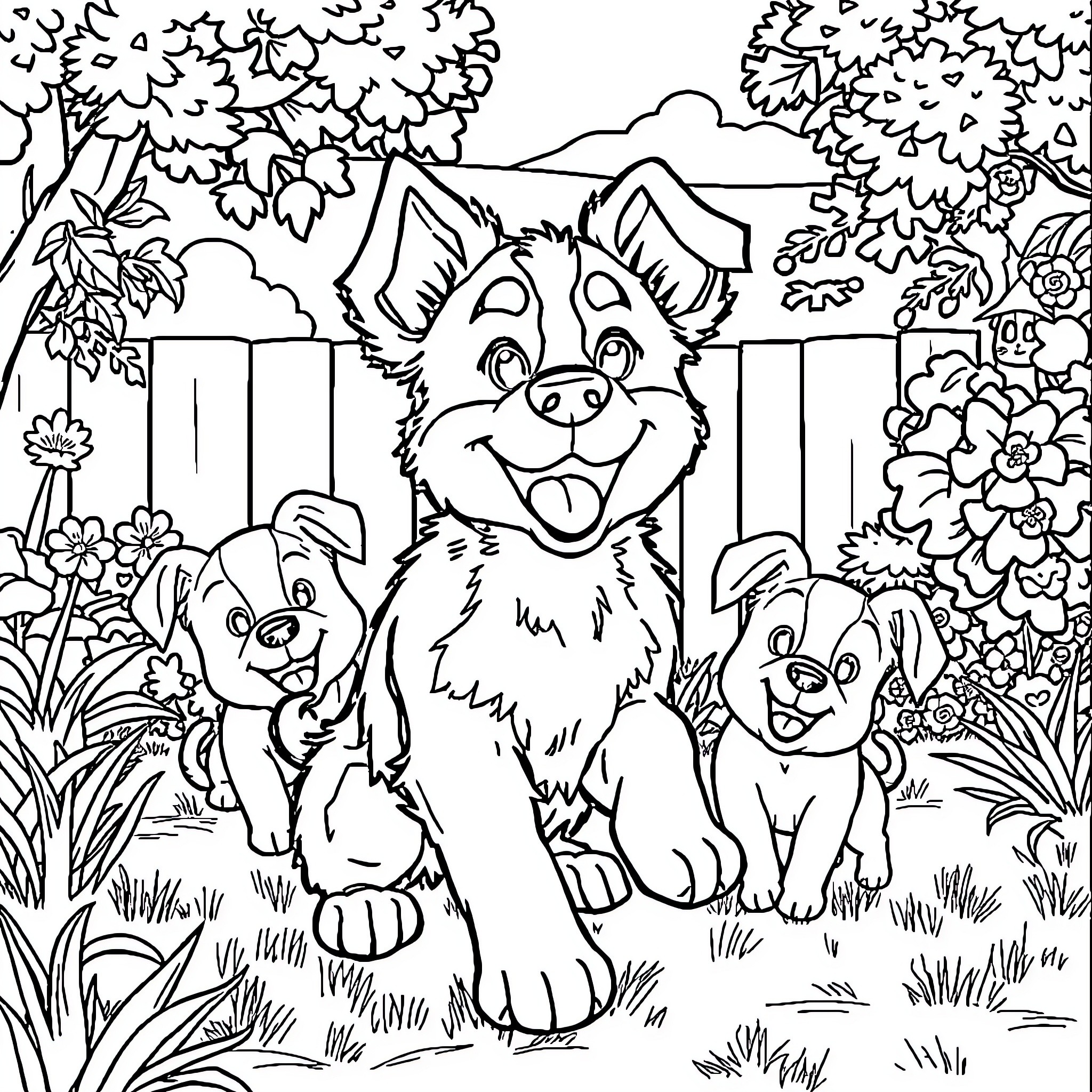 Bluey and puppies playing in the backyard Coloring Page (free black-and-white line drawing printable PDF for all, from beginners to advanced learners, including children, teens, adults, and seniors)