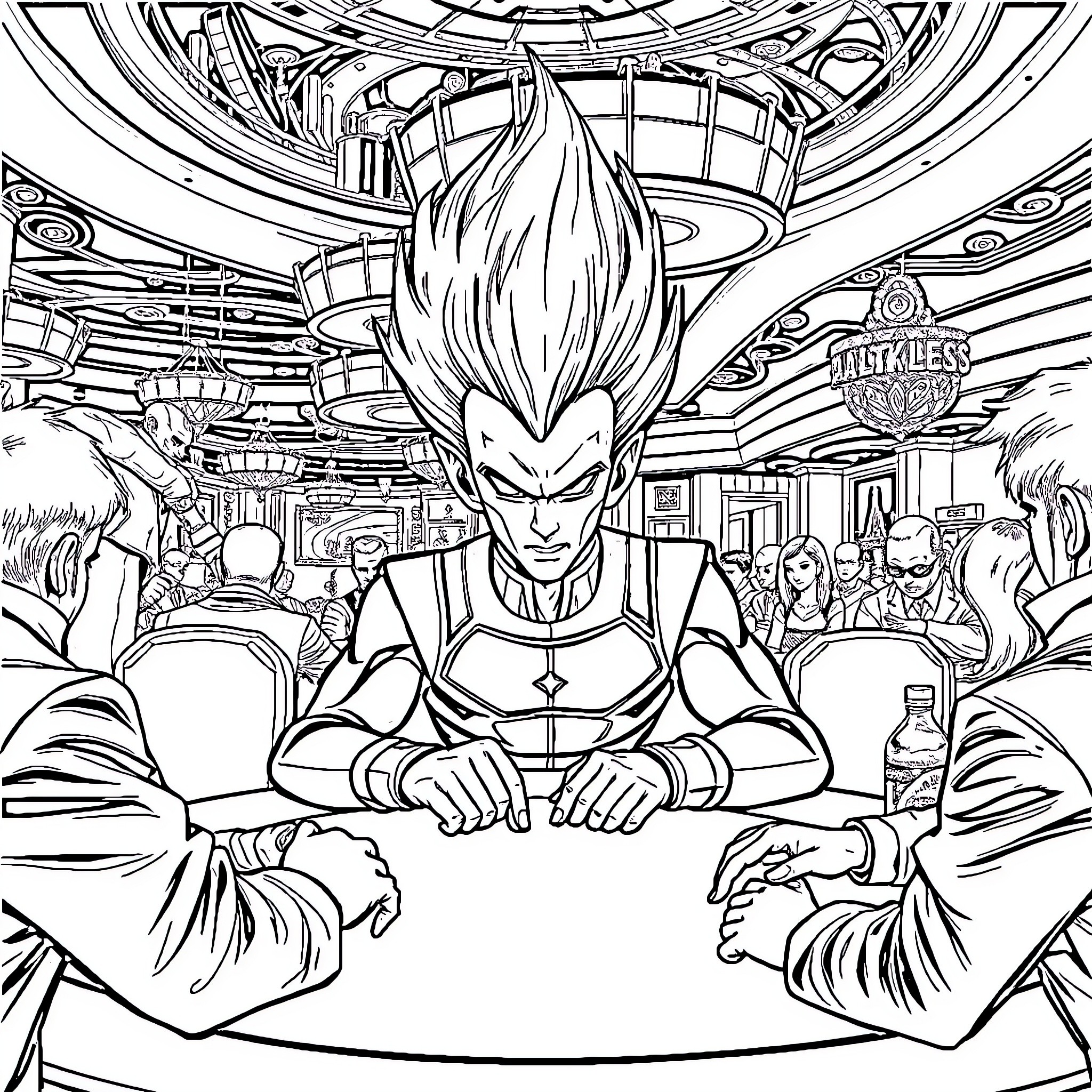 Vegeta's Decisive Moment in the Futuristic Arena Coloring Page (free black-and-white line drawing printable PDF for all, from beginners to advanced learners, including children, teens, adults, and seniors)