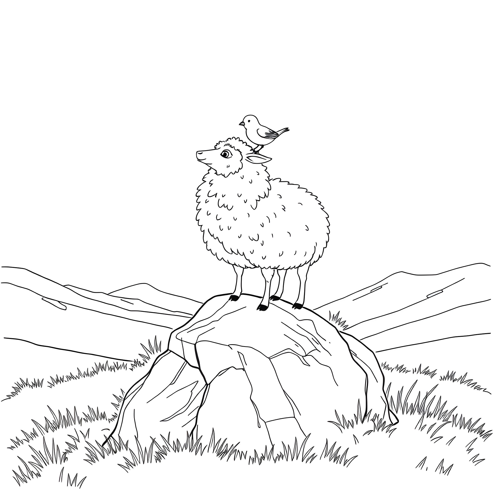 Bird perched on a sheep in a grassy field Coloring Page (free black-and-white line drawing printable PDF for all, from beginners to advanced learners, including children, teens, adults, and seniors)