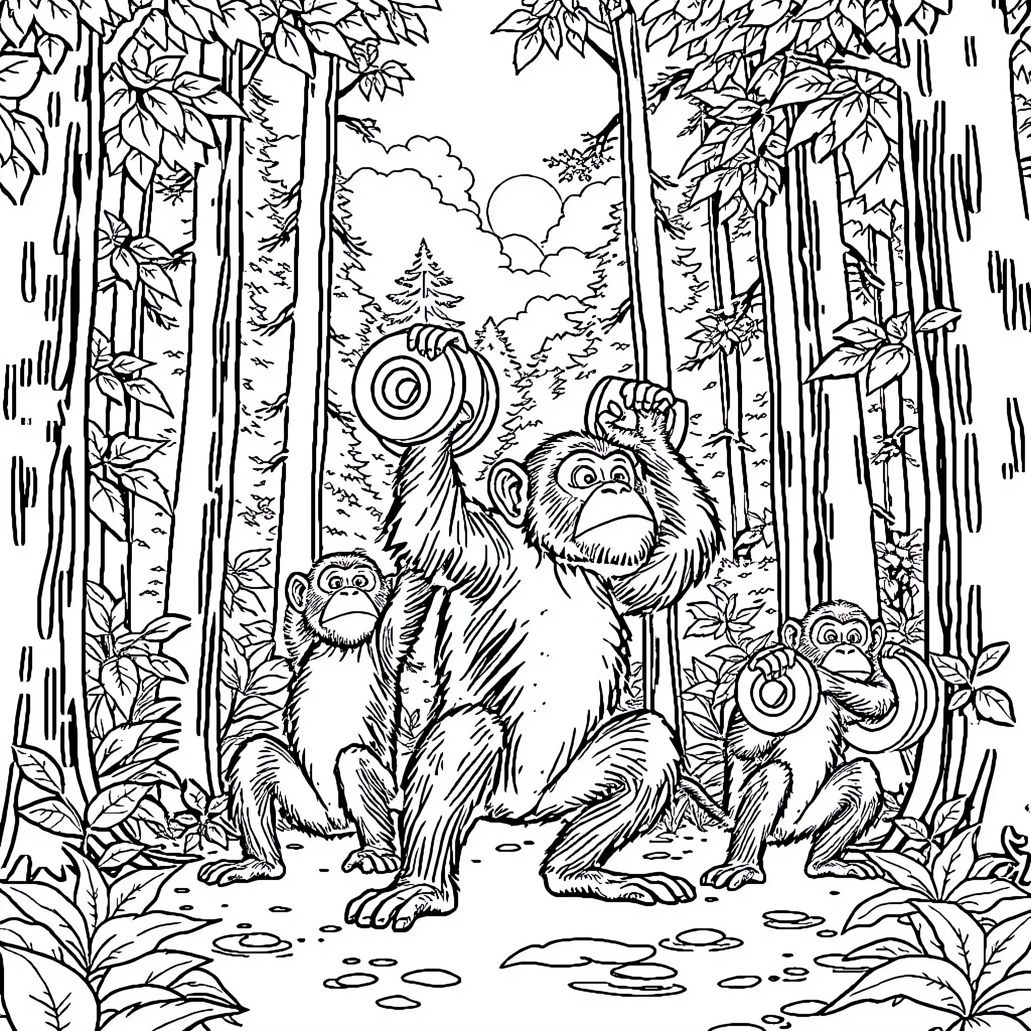 Monkeys exploring the lush forest landscape Coloring Page (free black-and-white line drawing printable PDF for all, from beginners to advanced learners, including children, teens, adults, and seniors)