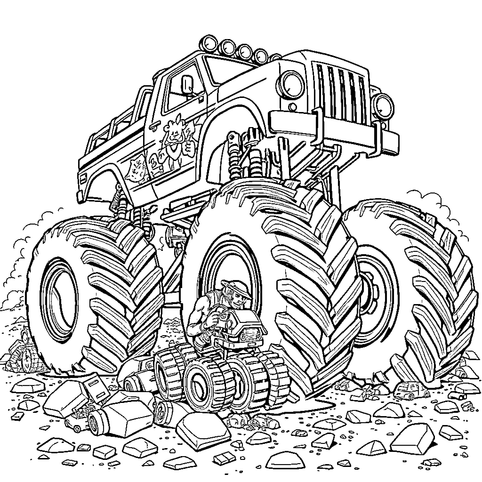 Monster Truck Crushing Obstacles in Rugged Terrain Coloring Page (free black-and-white line drawing printable PDF for all, from beginners to advanced learners, including children, teens, adults, and seniors)
