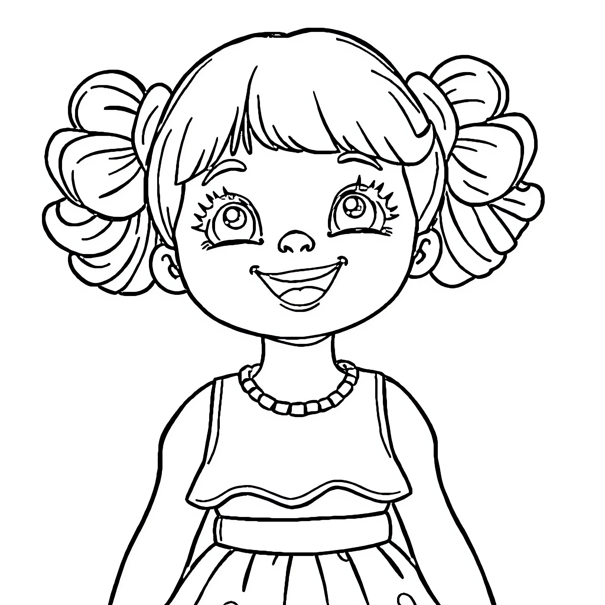 Doll with Bright Smile and Pom-Pom Pigtails Coloring Page (free black-and-white line drawing printable PDF for all, from beginners to advanced learners, including children, teens, adults, and seniors)